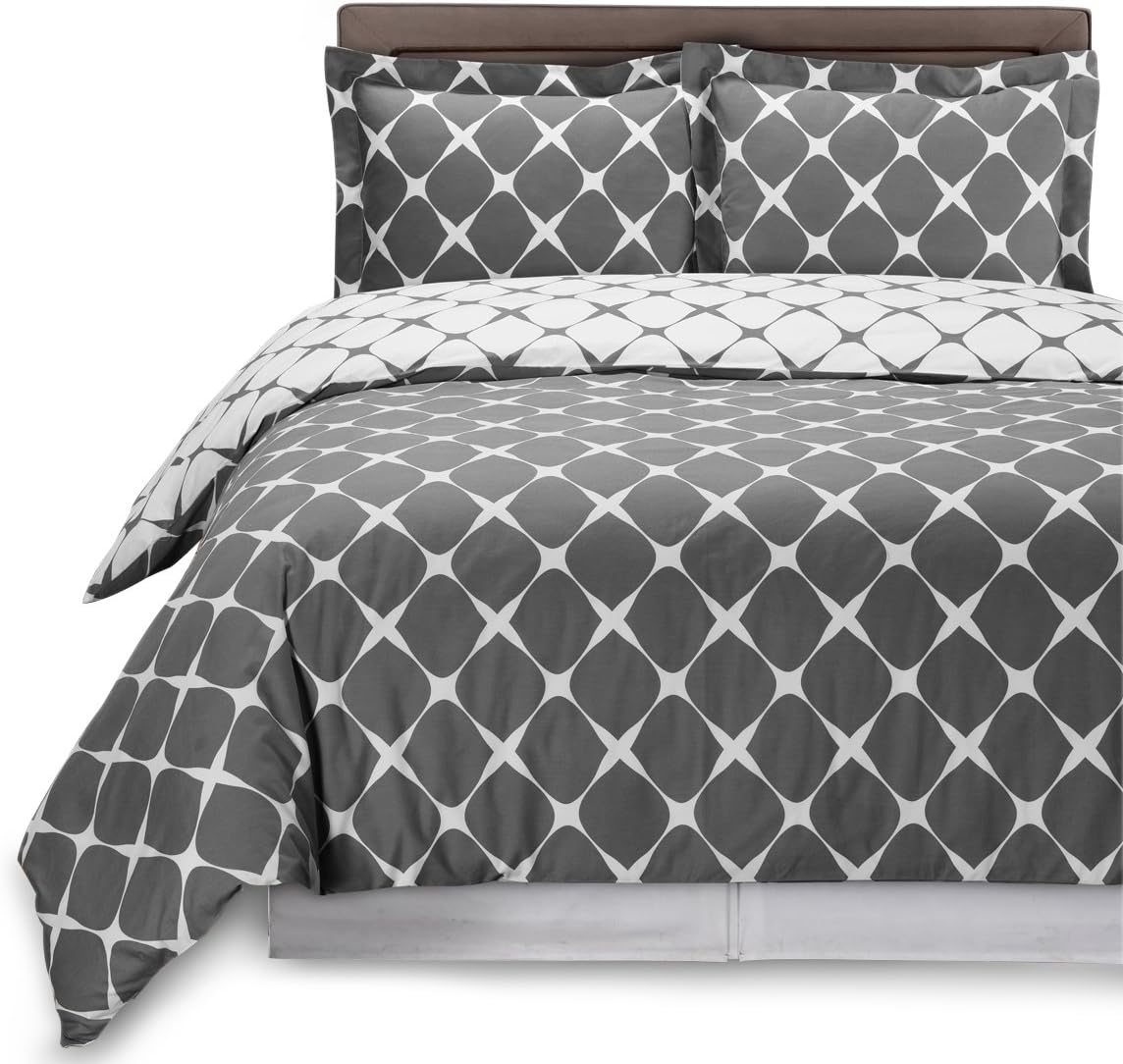 Printed Duvet Covers Reversible 3 Piece Set with 2 Pillow Shams - Luxurious Soft Brushed Microfiber - Wrinkle, Fade & Stain Resistant - Hotel Quality (Queen:90x90inches, Tan Grey)