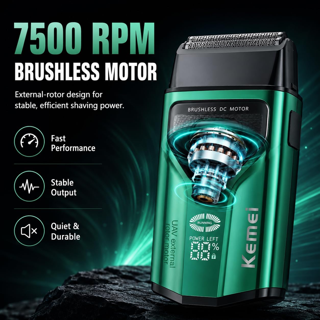Electric Foil Shaver for Men, Cordless Double Foil Razor with Brushless Motor, LED Display and USB-C Charging, Green