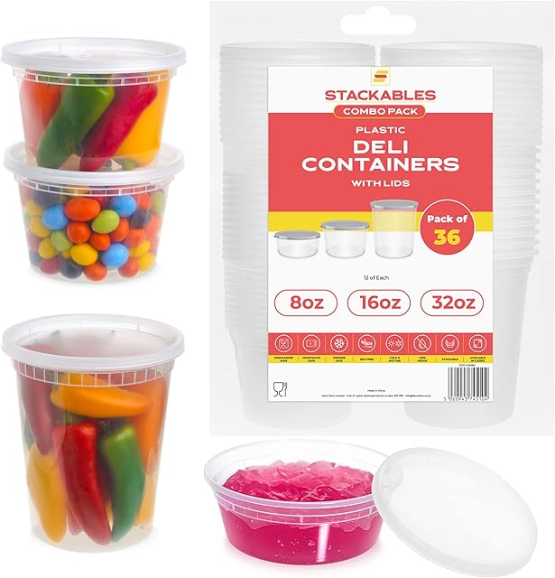 STACKABLES ~ 36 Pcs Food Storage Plastic Containers with Lids Combo Pack ~ Deli Containers With Lids Reusable Container Set Tubs for Meal Prep ~ Microwave/Dishwasher Safe (8oz - 16oz - 32oz
