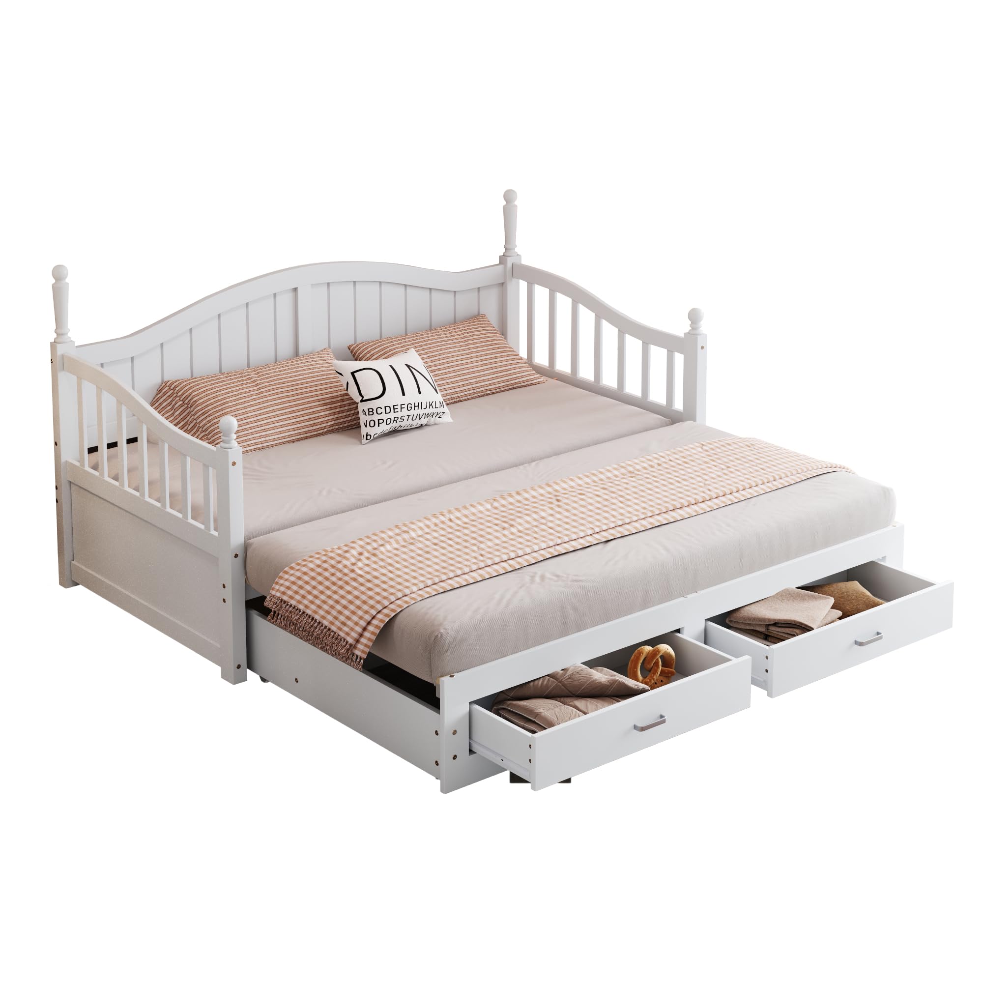 Kebnor Sofá cama extensible de madera maciza 90/180 x 190 cm, con columnas romanas, con respaldo y reposabrazos curvados, con cajones y somier (blanco)