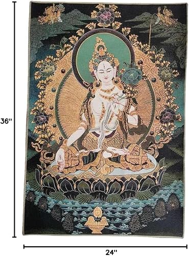 Vista 7 de GEEYOU Bordado de seda tibetano Thangka budismo blanco Tara Guanyin Kwan-yin Tangka Mural Tangka colgante de pared para decoración del hogar, tapiz