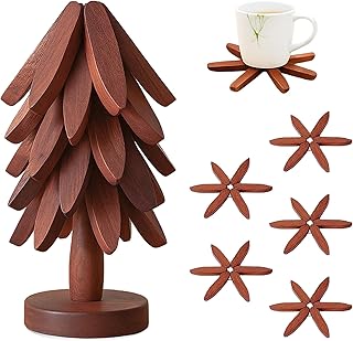Natural Tree Trivet Set for Hot Dishes – Foldable Wooden Trivets for Hot Pots&Bowls, 5 Walnut Color Wood Heat Resistant Pads with Christmas Tree Stand (Walnut Wood Color, 5 Trivets and 1 Stand)