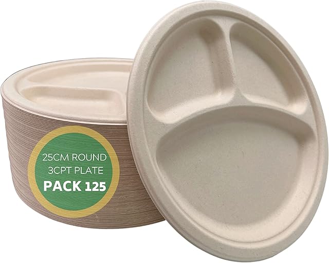DISPOSABLE GREEN® | [125 Pcs Pack 10 Inch Heavy-Duty Plates 3 Compartment | Heavy Duty | Unbleached Sugarcane Bagasse | Home COMPOSTABLE, Biodegradable, ECO Friendly