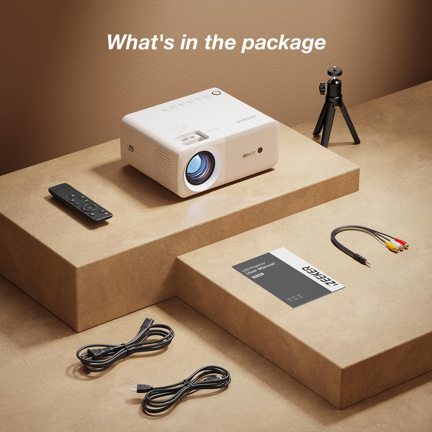 Proiettore Portatile Bluetooth, 2024 Mini Proiettore 12000 Lux 1080P, iZEEKER VideoProiettore Home Cinema per iOS Android PC TV Stick HDMI USB PS5 XBOX (Treppiede inclusi)