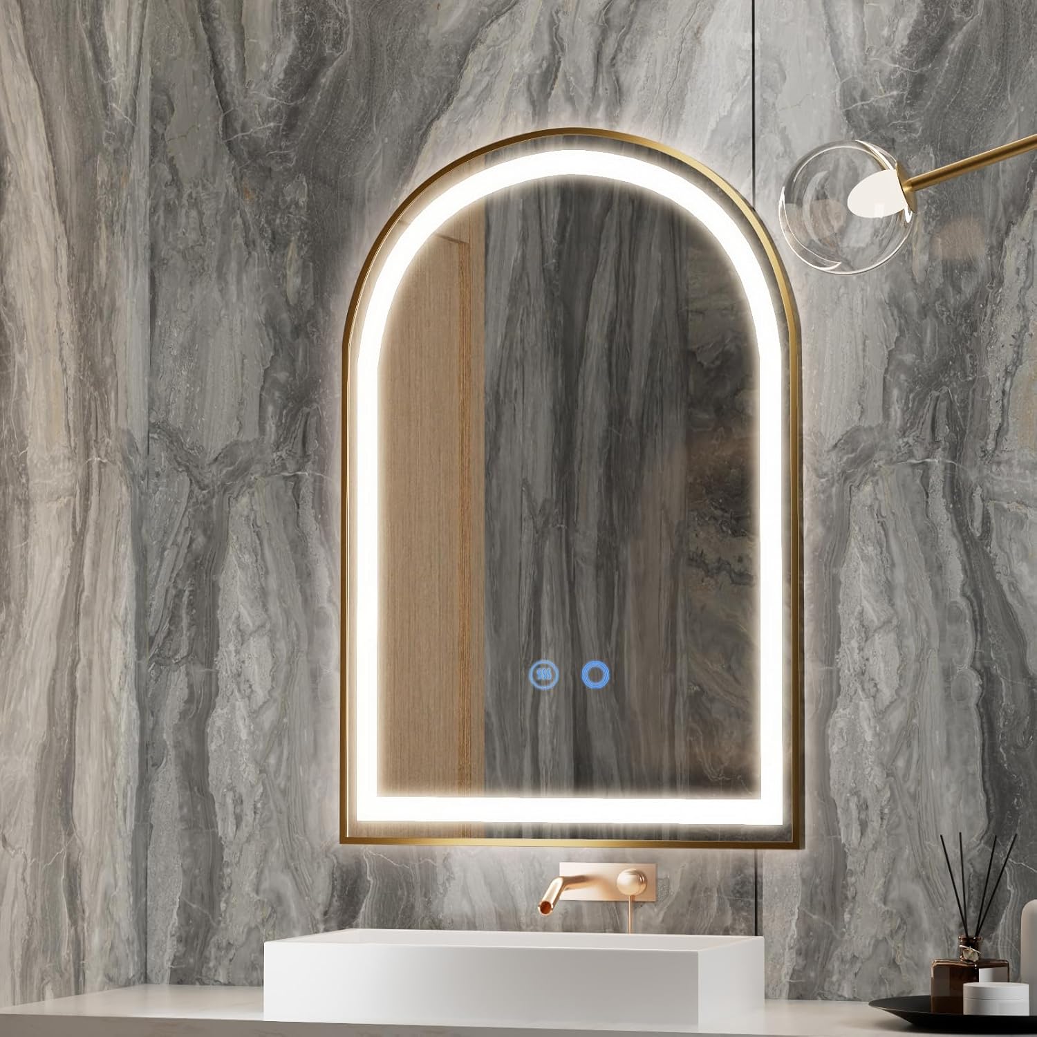 24" x 36" LED Bathroom Mirror with Lights, Gold Arched LED Mirror for Bathroom, Lighted, Anti-Fog, Dimmable Adjustable, 3 Colors, Vertical/Horizontal, CRI90+,Touch Button