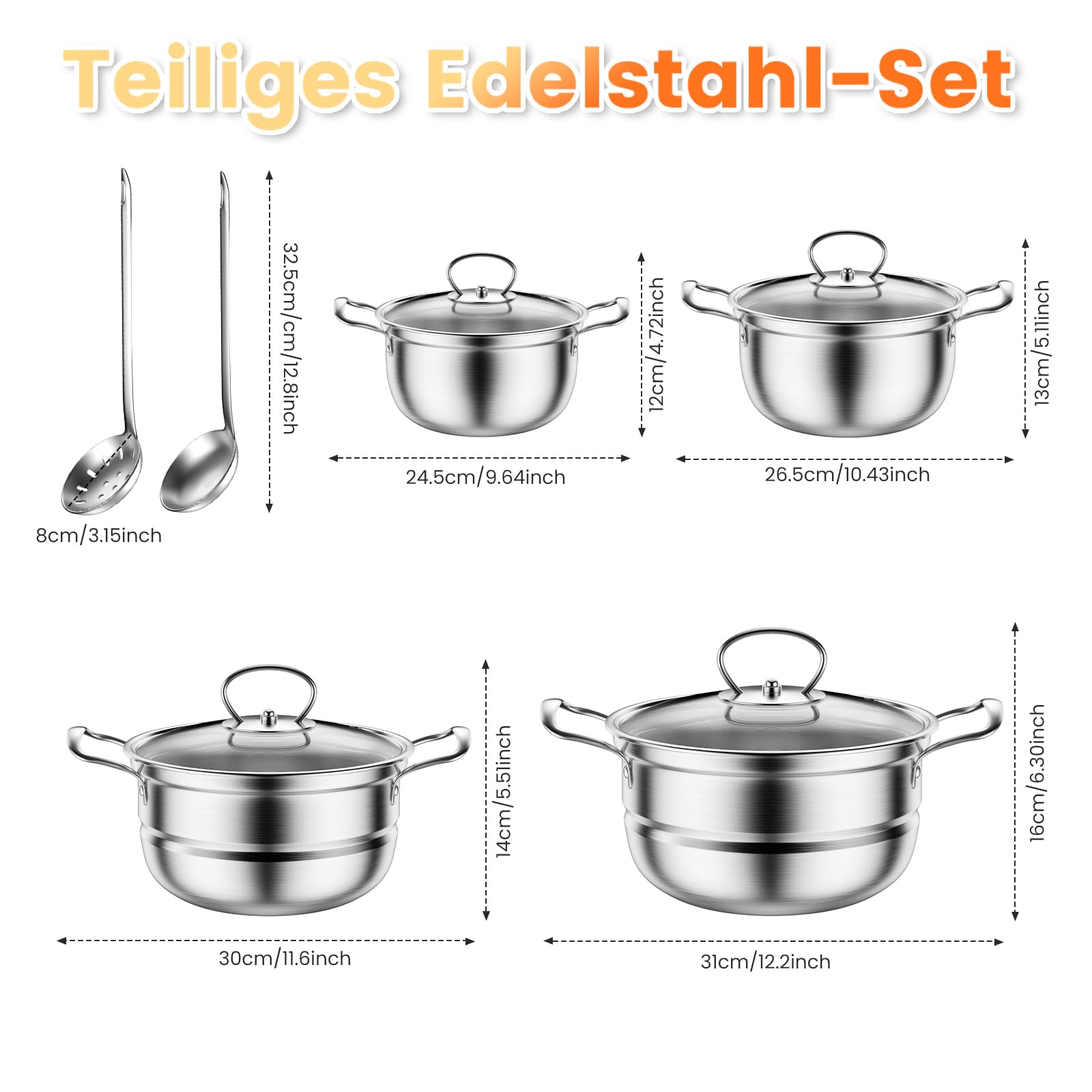 Juego de ollas de acero inoxidable, 12 piezas, juego de ollas con vaporizador y cuchara, juego de ollas grandes para inducción, juego de ollas aptas para todo tipo de cocinas, sin revestimiento (plata