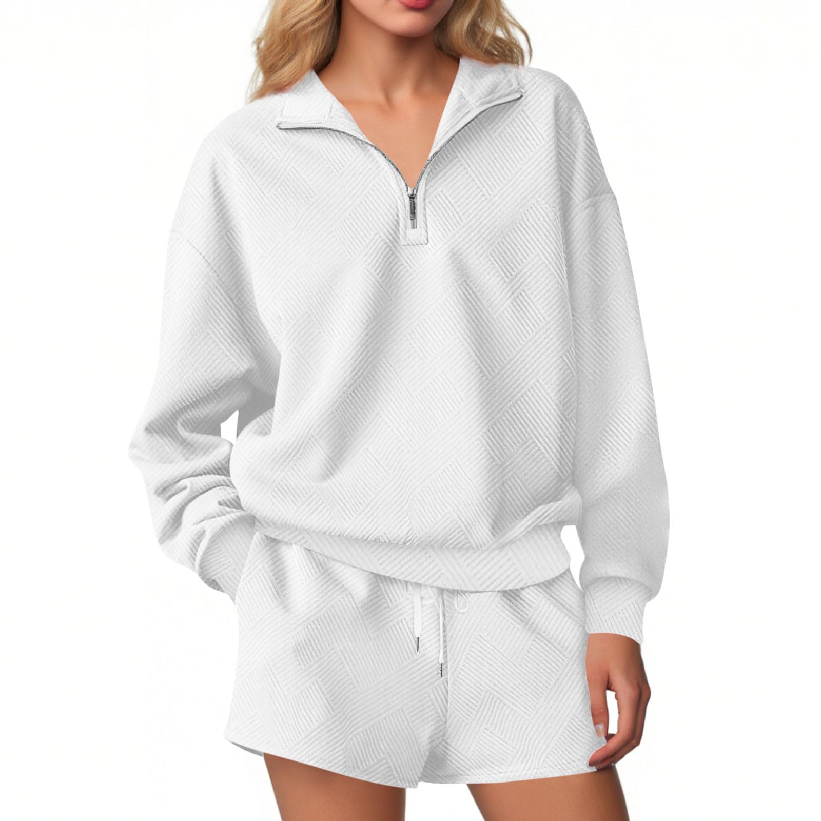 2 Piece Sets for Women Going Out Baggy Shorts Half Zip Up Crew Neck Sweatshirts Fall And Winter