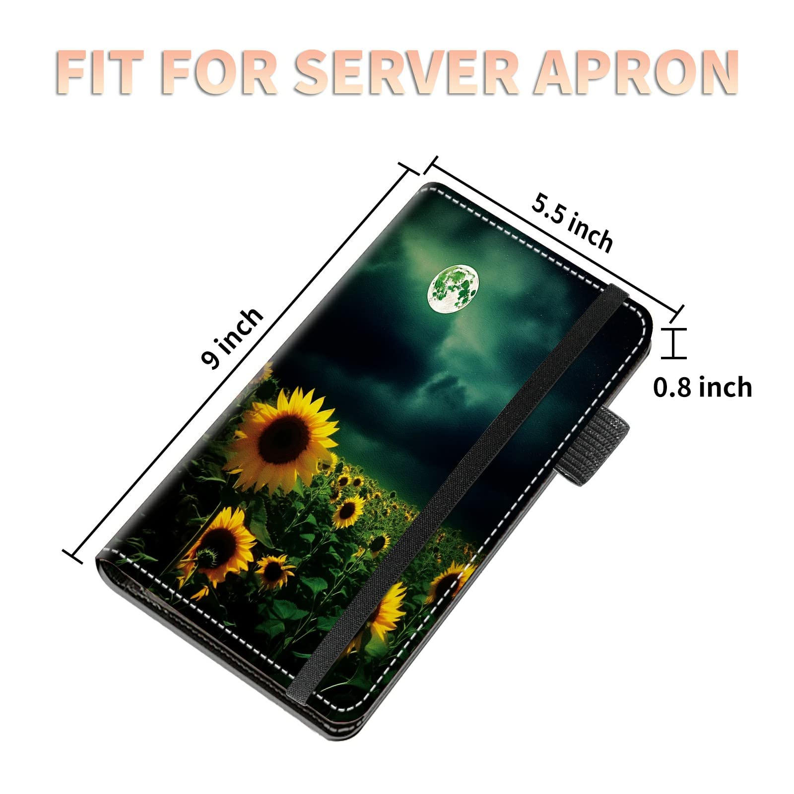 High Volume Server Books, Moon Sunflower Field Server Book w/ 2 Expandable Pockets 9 x 5 Cute Waitress Book Zipper Pocket & Strap Closure Waitstaff Organizer Server Booklet Waiter Money Wallet
