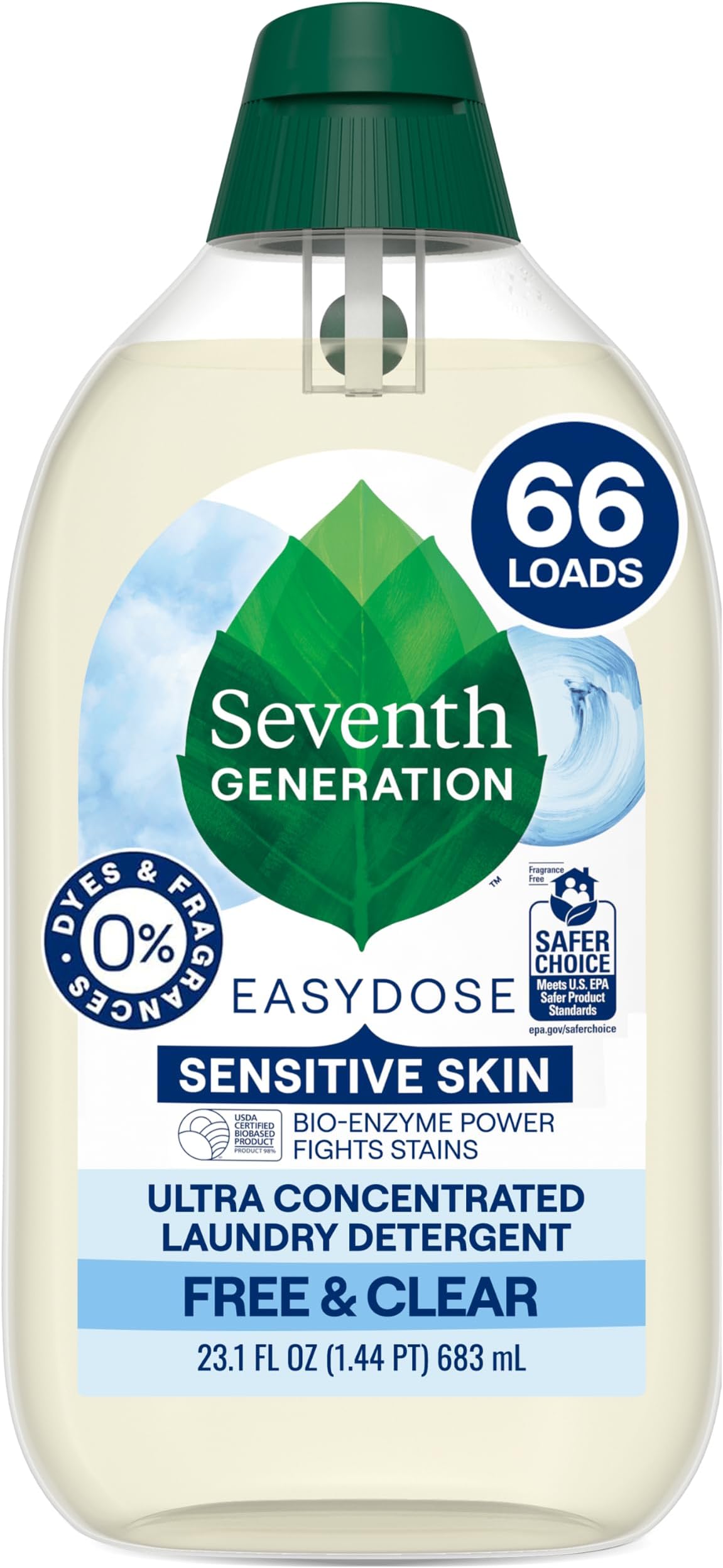 Seventh Generation EasyDose Laundry Detergent, Ultra Concentrated: 66 Loads, Free & Clear Designed for Sensitive Skin, 23.1 Fl Oz