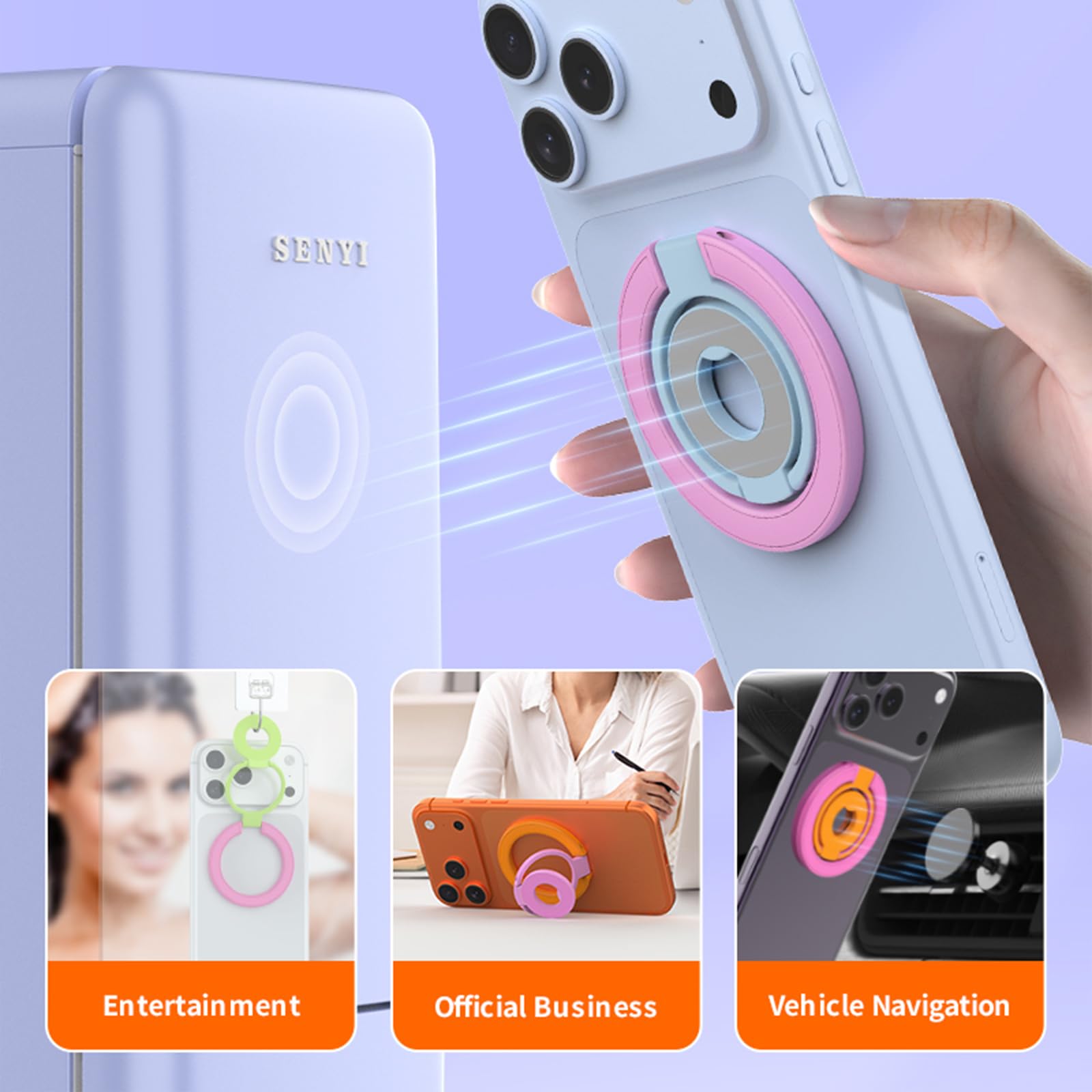 Ysnzaq Supporto ad Anello Magnetico Telefono per MagSafe, Supporto Magnetico Bifacciale Rotazione a 360°, Portacellulare Magnetico con Anello Metallico per iPhone, Samsung Android Viola Rosa