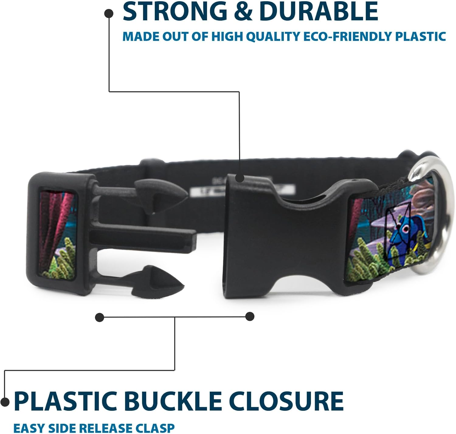 Buckle-Down Plastic Clip Collar - Dory 4-Hiding Poses Under the Sea - 1.5" Wide - Fits 18-32" Neck - Large