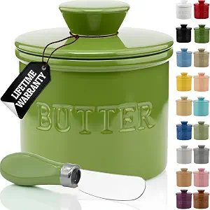 Priority Chef Butter Crock with Lid and Spreader Knife, Ceramic French Butter Dish, Green