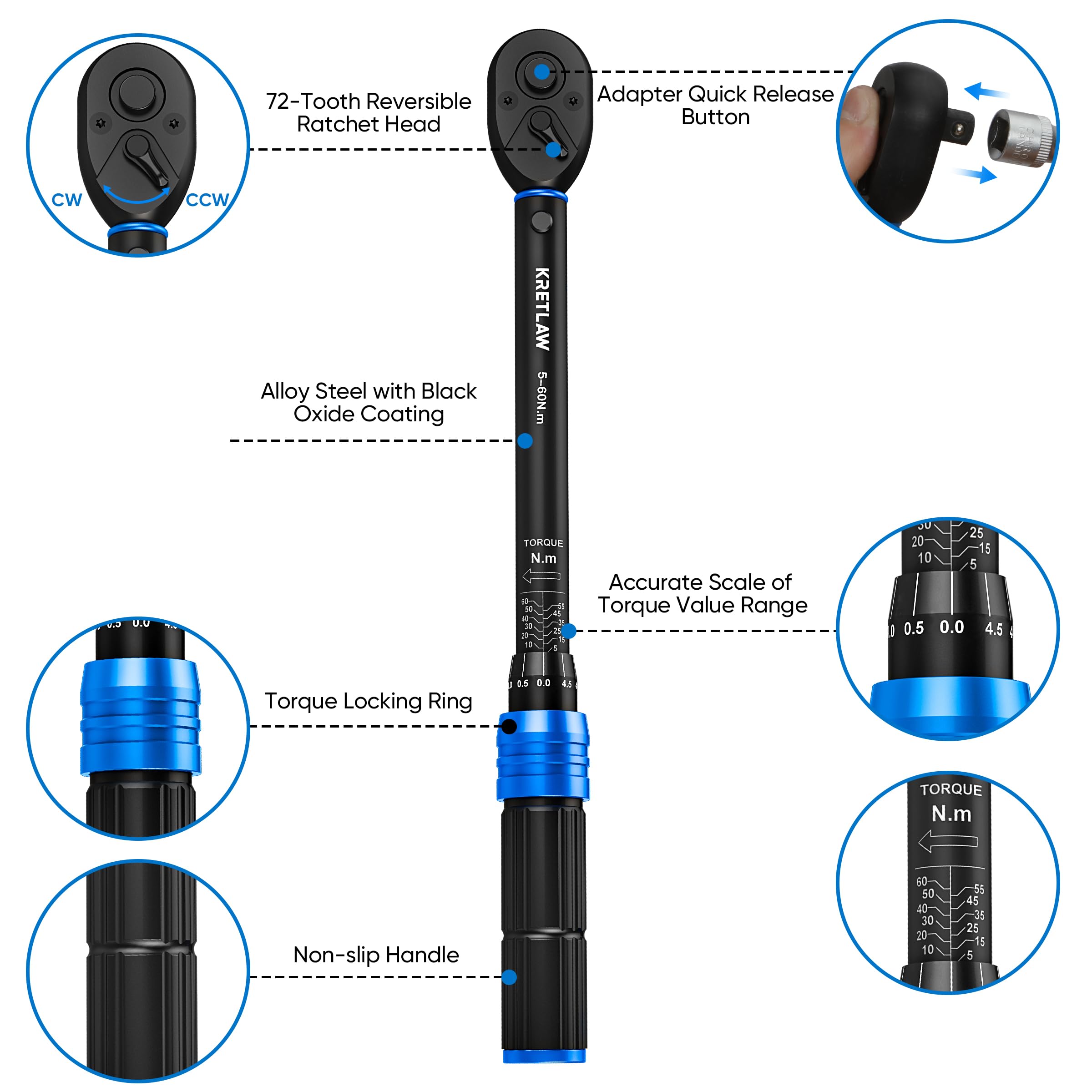 KRETLAW Juego de Llave Dinamométrica de 30 Piezas, Llave de Torque de 3/8" (5-60 Nm), Trinquete de 72 Dientes, Precisión ±3% con Extensiones, Vasos y Adaptador