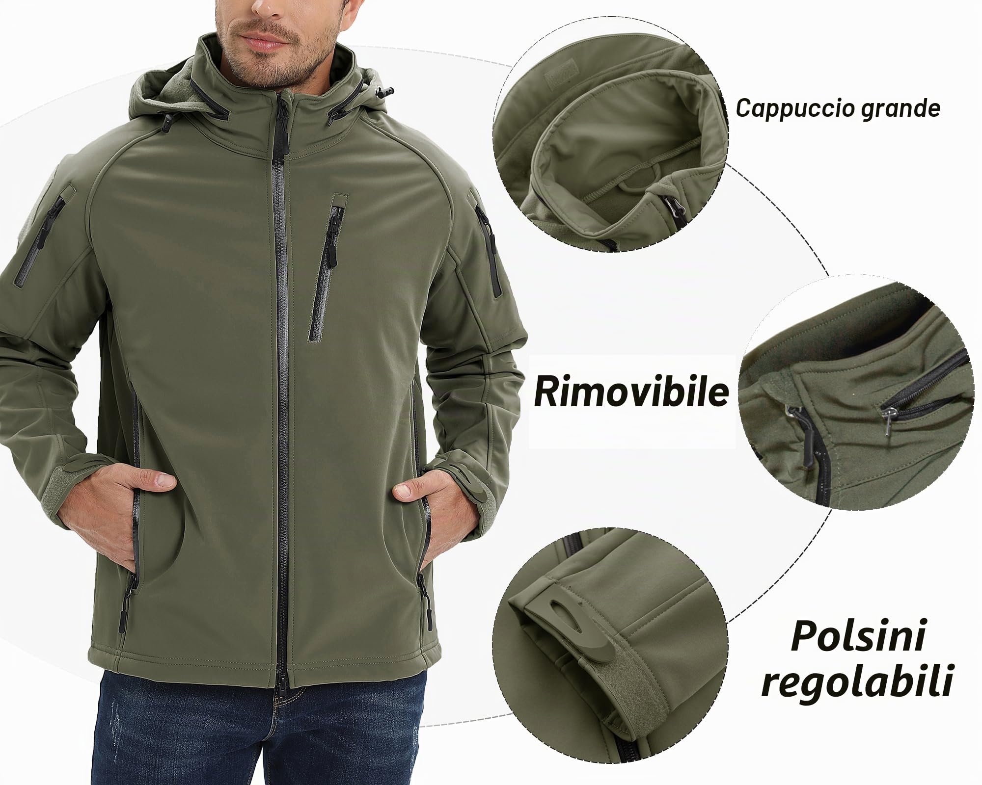 TACVASEN Giacca impermeabile in softshell con cappuccio e tasche multi cerniera per uomo
