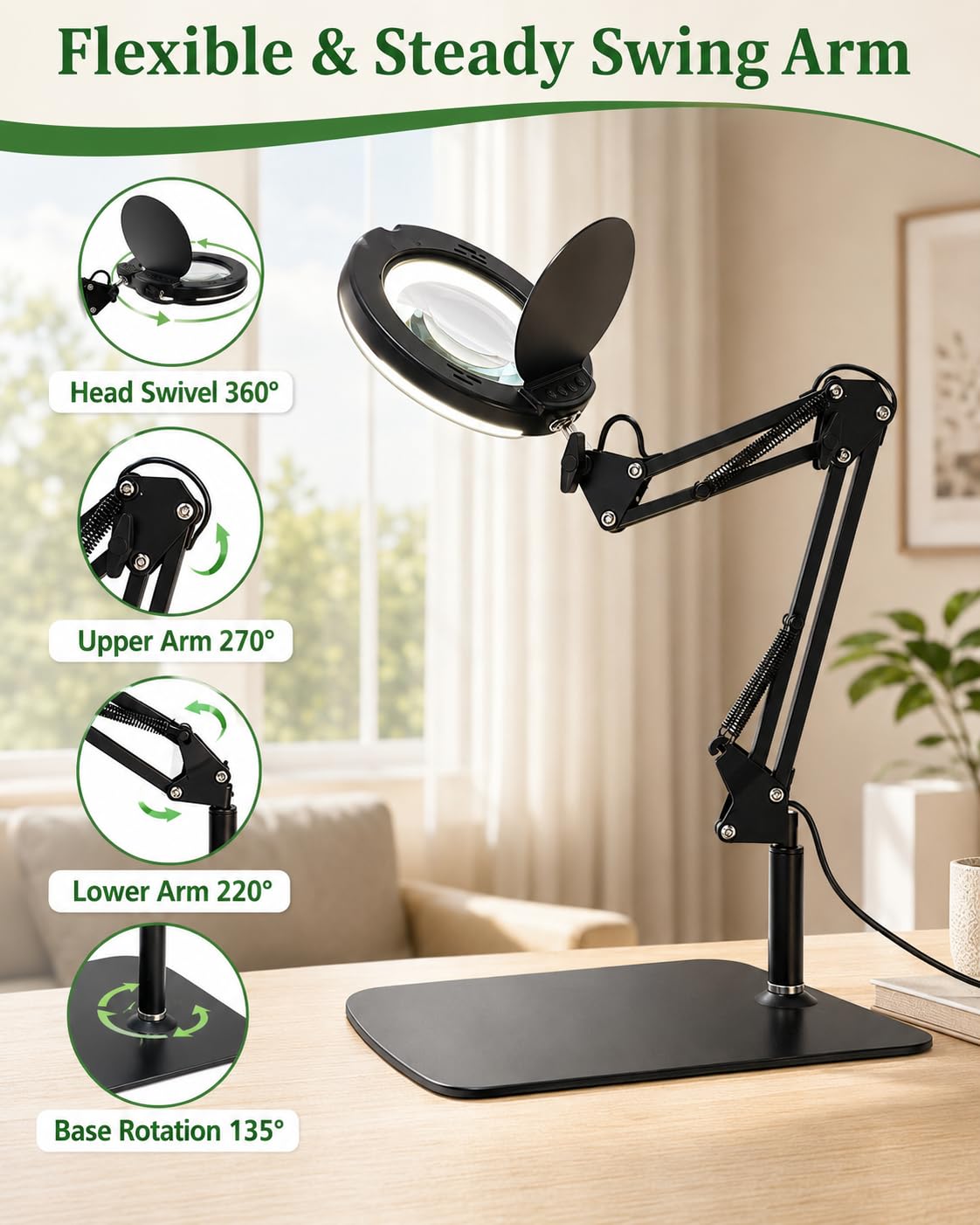 Lampe loupe x15 avec pince et base, lentille en verre véritable, 84 LED, 5 modes de couleur et intensité variable, loupe LED avec housse anti-poussière et chiffon de nettoyage, pour personnes âgées