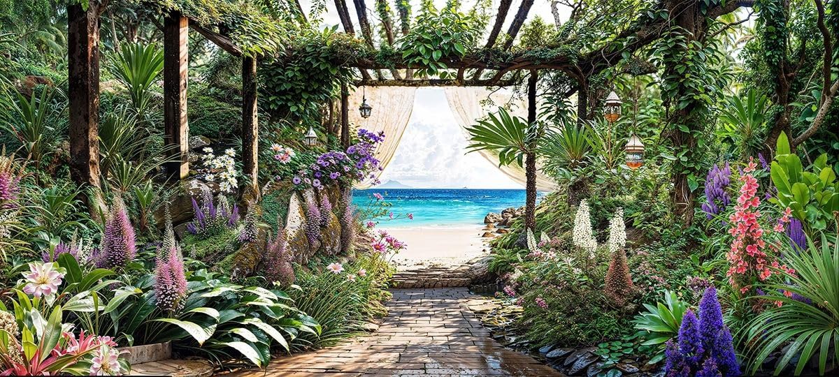 Caribbean Sea View Garden Mural, Tapestry & Curtain Waterproof Outdoor Wall Hanging, Tropical Pergola Garden Wall Art & Coastal Fence Decor W157.48 inches x H70.87 Inches