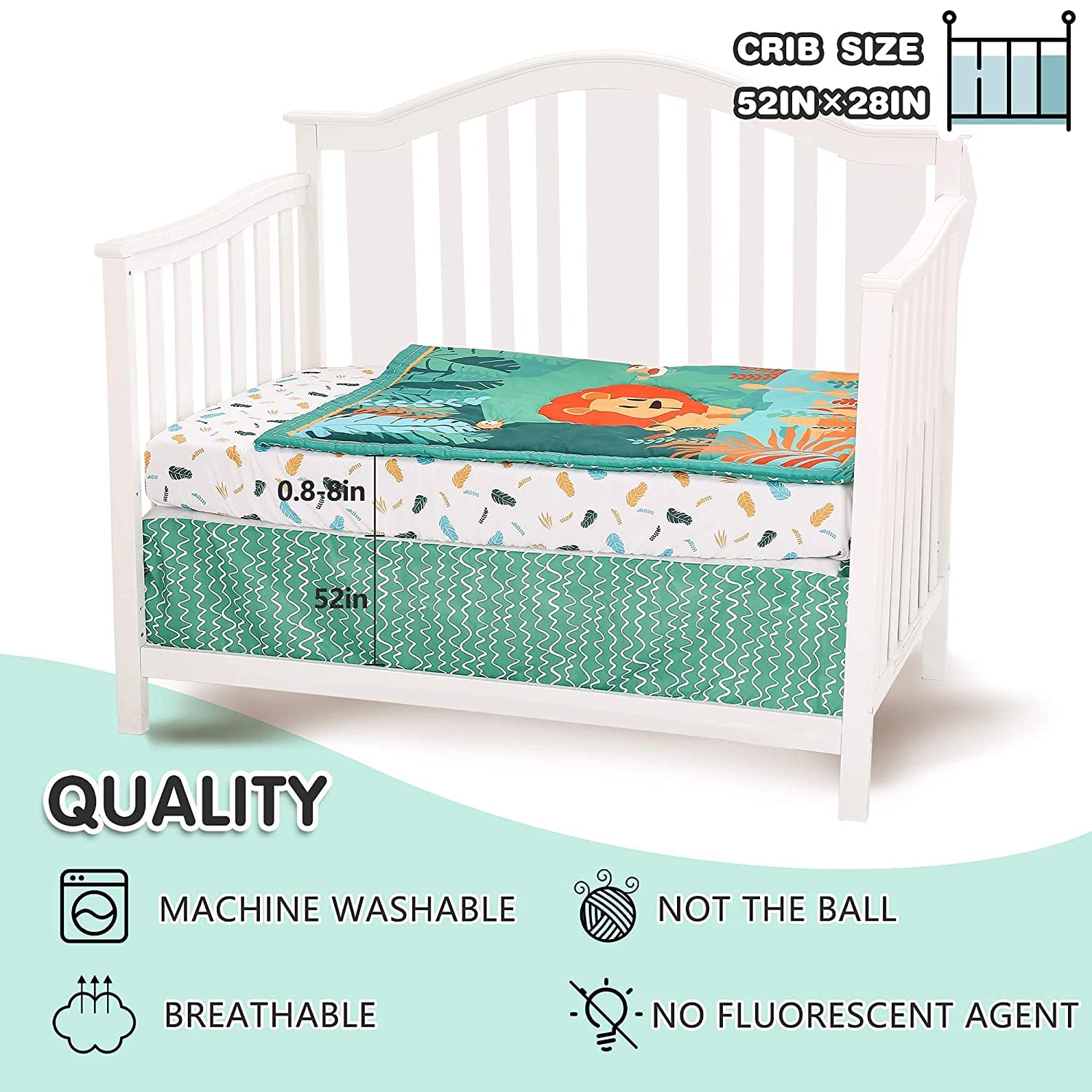 YJM Juego de ropa de cama para niños de 3 piezas, sábana de cuna, falda/cuna incluida, juego de cuna para bebé, lavable a máquina, león verde