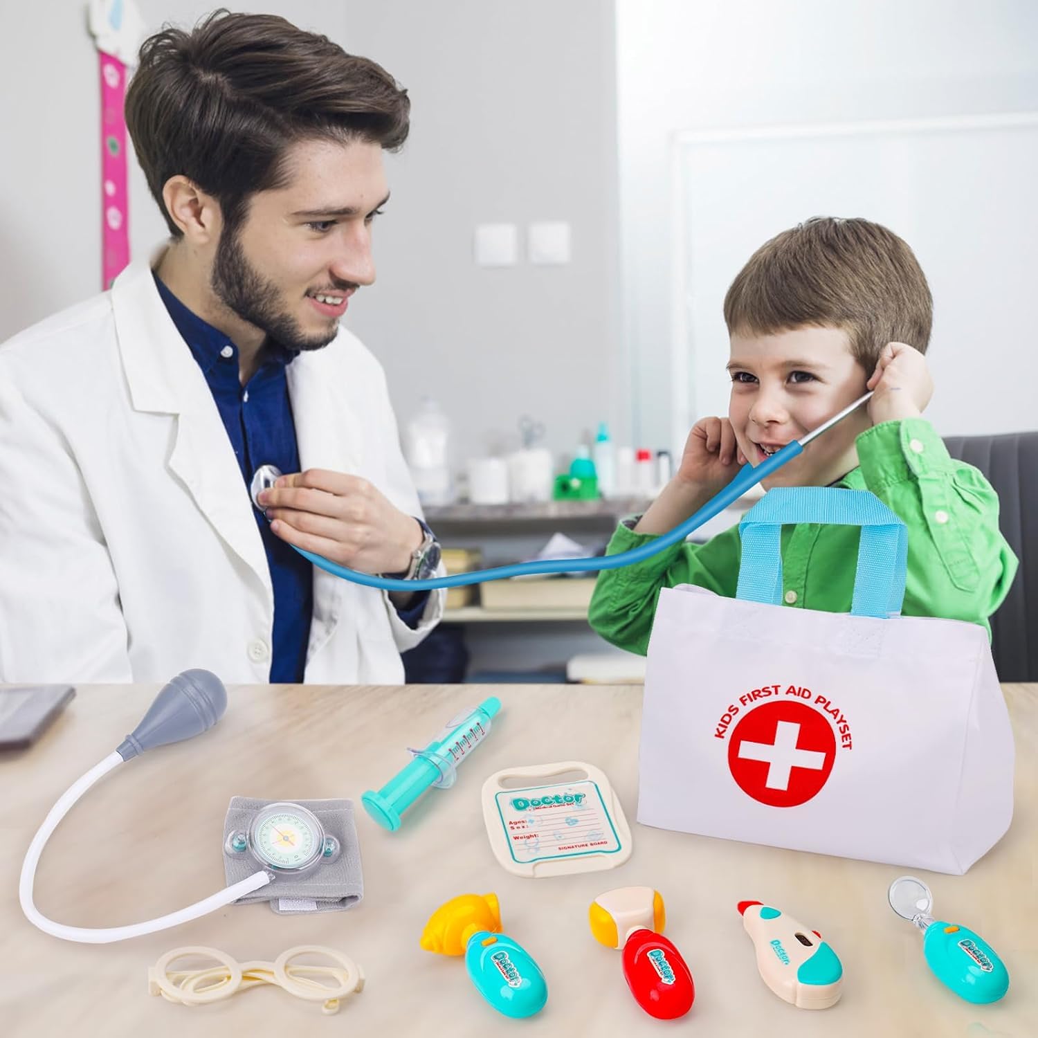 Valigetta medica bambini dai 2 3 4 5 anni in su, con stetoscopio realistico, termometro, giochi di ruolo, giochi di dottorato, kit medico, kit di dottorato, giocattolo a partire dai 3 4 5 anni