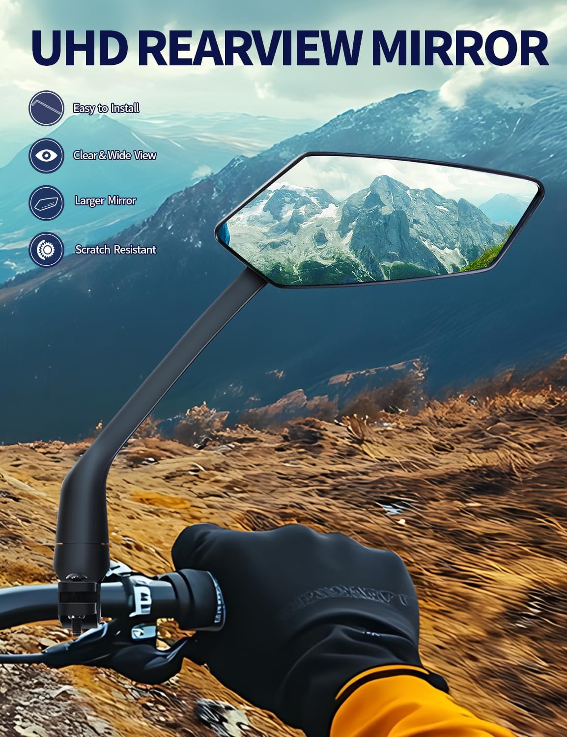2 Pack Anti-Glare Convex Handlebar Bike Mirror with 2 Reflective Stickers, Wide Angle UHD Rearview Glass, Safe Universal Accessories for Bicycle Ebike Scooter Motorcycle Snowbike