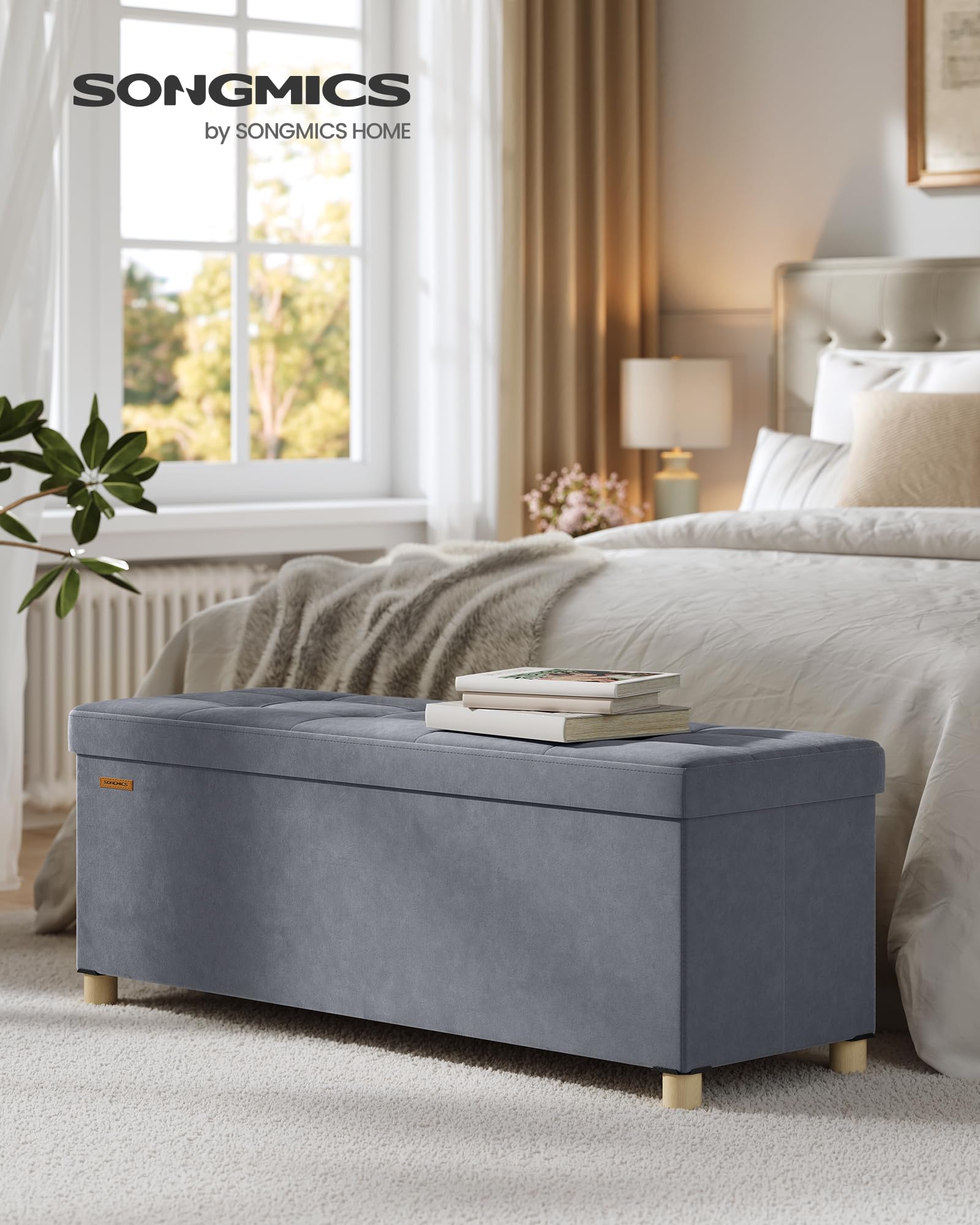 SONGMICS Banc de Rangement, Cube Pliable, 38 x 110 x 40 cm, Pouf, Repose-Pieds, 112 L, Surface en Velours, pour Chambre, Salon, Dortoir, Gris Ardoise LSF0518G02