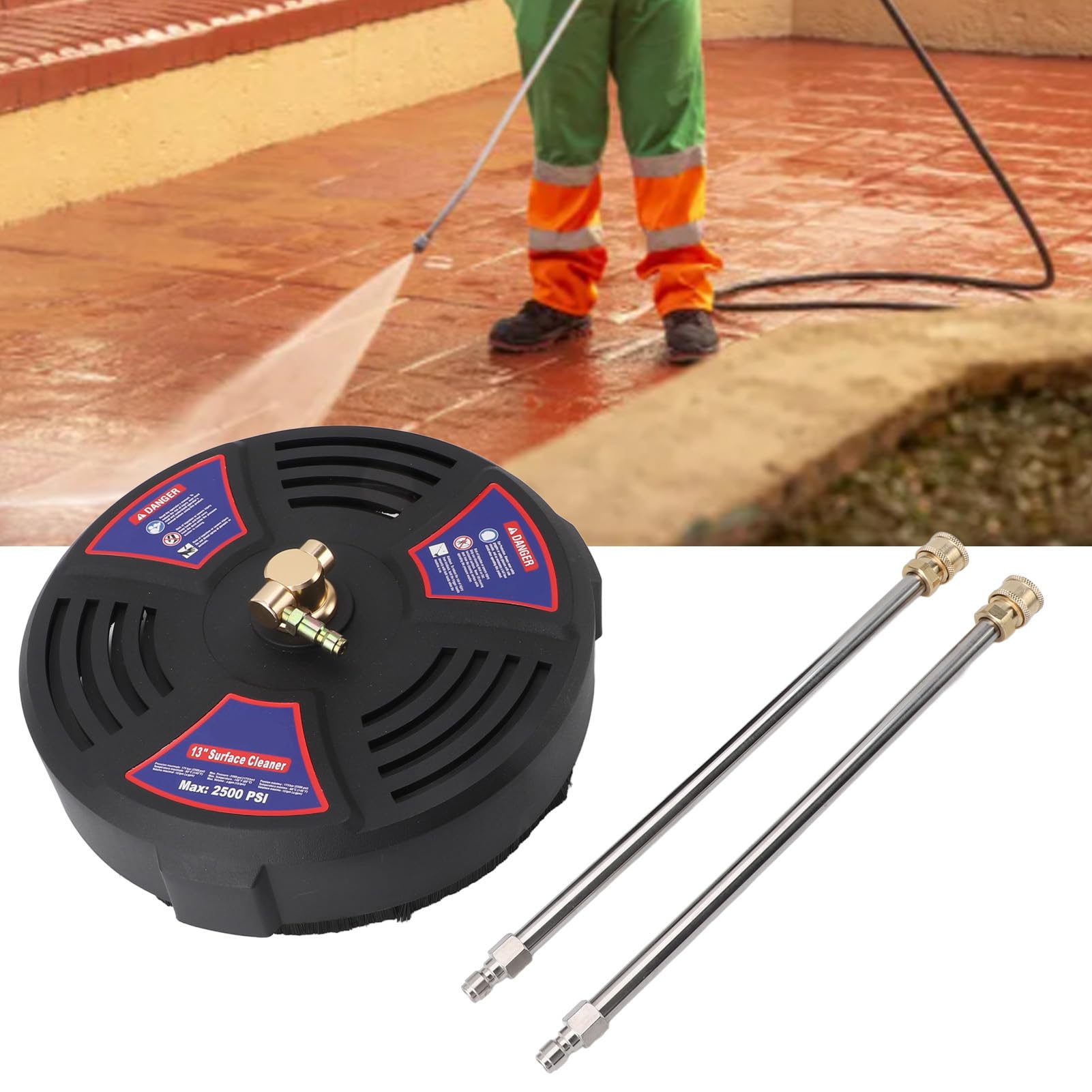 SIXRUN Limpiador de Superficies Profesional para Hidrolimpiadora, 33 cm, 2500 PSI, ABS y Acero Inoxidable, con 2 Varillas de Extensión, Conexión Rápida 1/4 Pulgada