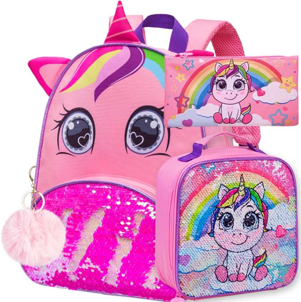 3PCS Toddler Backpack for Girls, 12” Unicorn Sequins Preschool Bookbag and Lunch Box