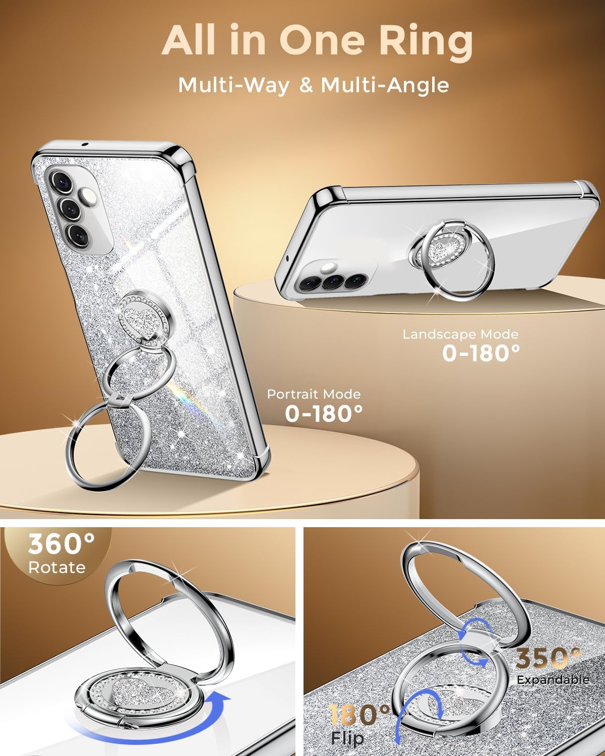 XYZ for Samsung Galaxy A55 5G Phone Case with Stand, Cute Luxury Love Heart with Lanyard for Women Girls, Double Ring Bling Glitter Clear Protective Phone Cover Case for Samsung Galaxy A55- Silver 4 71GE bsKjKL. AC SL1500