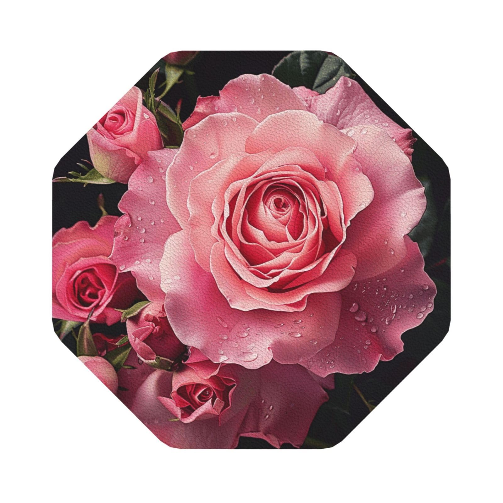Rose Print Leather Coaster Set of 6, Octagon Coasters Table Decorative Coffee Cup Beverage Coasters Wine Beer Bar Coasters for Hot Drinks Table Protection