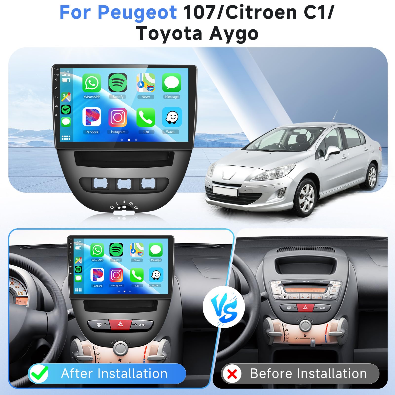 10 Zoll Android 13 Autoradio Für Toyota Aygo/Peugeot 107 - Wireless Carplay & Android Auto