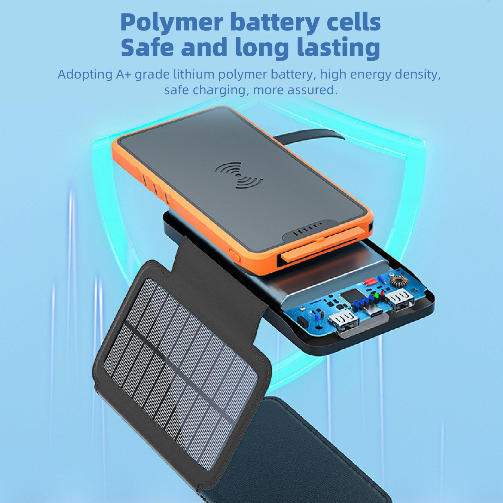Banque d'alimentation Solaire 20000mAh, Banque d'alimentation sans Fil avec Panneau Solaire Three Fold et Lumière LED et Double Sortie USB, Batterie Externe Imperméable (Orange)