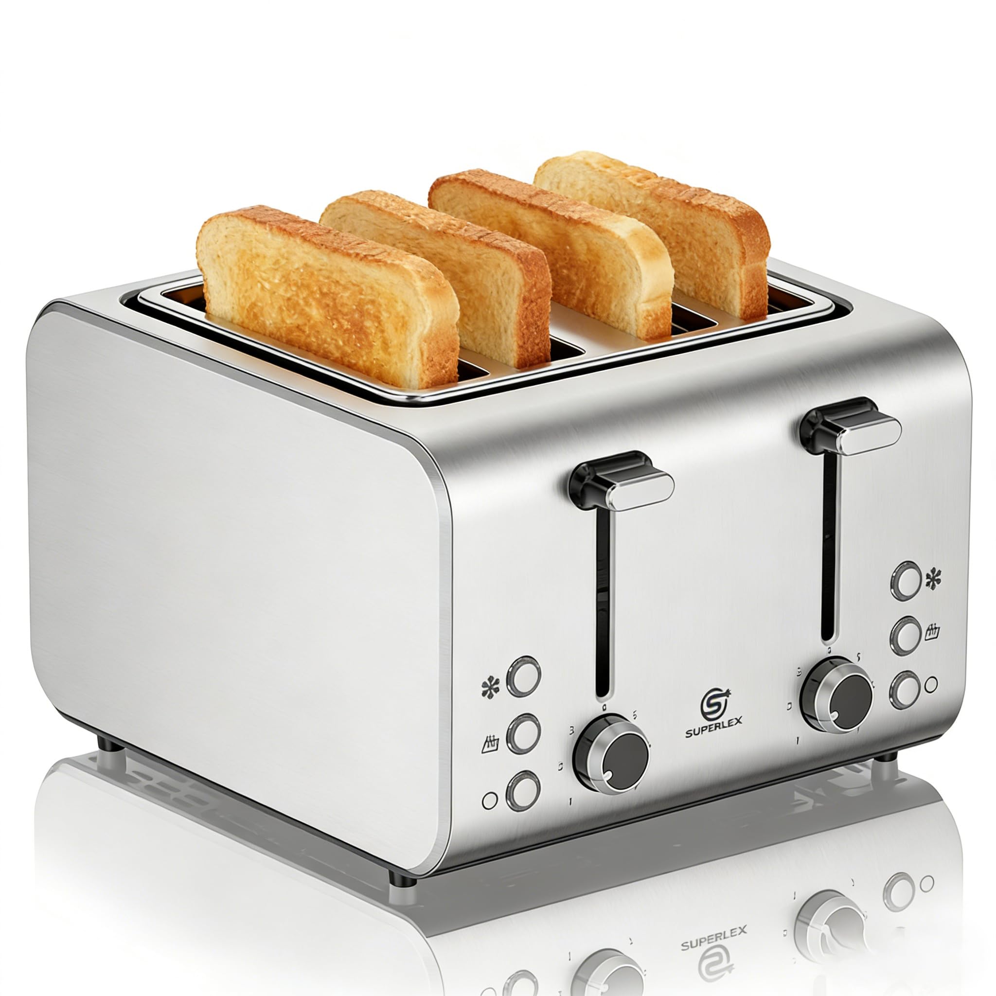 SUPERLEX 4 Slice Toaster Wide Slots Brushed & Stainless Steel Toaster 1600W with Defrost Reheat Cancel Function 7 Browning Settings Removable Crumb Tray for Bread Baguette Artisan Loaf Silver