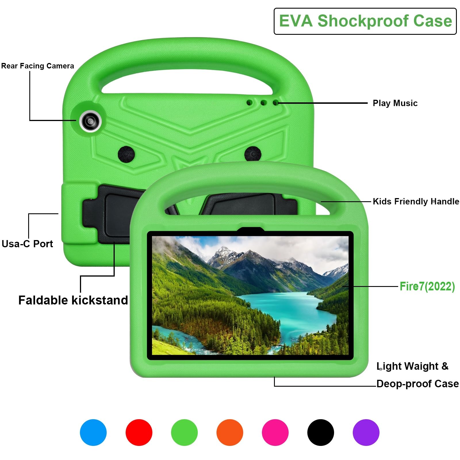 Pokrowiec na tablet Etui na tablet dla dzieci kompatybilne z etui Kindle Fire 7 2022 - Wytrzymała, lekka, odporna na wstrząsy osłona uchwytu z pianki EVA(Ye?il)
