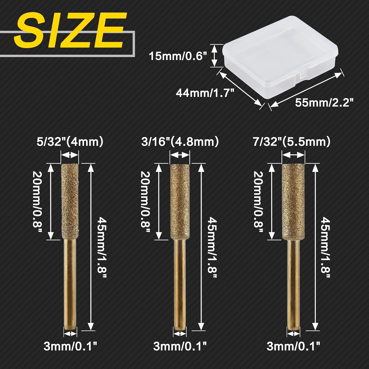 18 Pcs High Hardness Diamond Chainsaw Sharpener Bits 1/8" Shank Titanium Plated Burr Stone File 4/4.8/5 mm Burr Grinding Stone File for Chain Saw Wood Jewelry Stone (5/32",3/16",7/32",Golden)