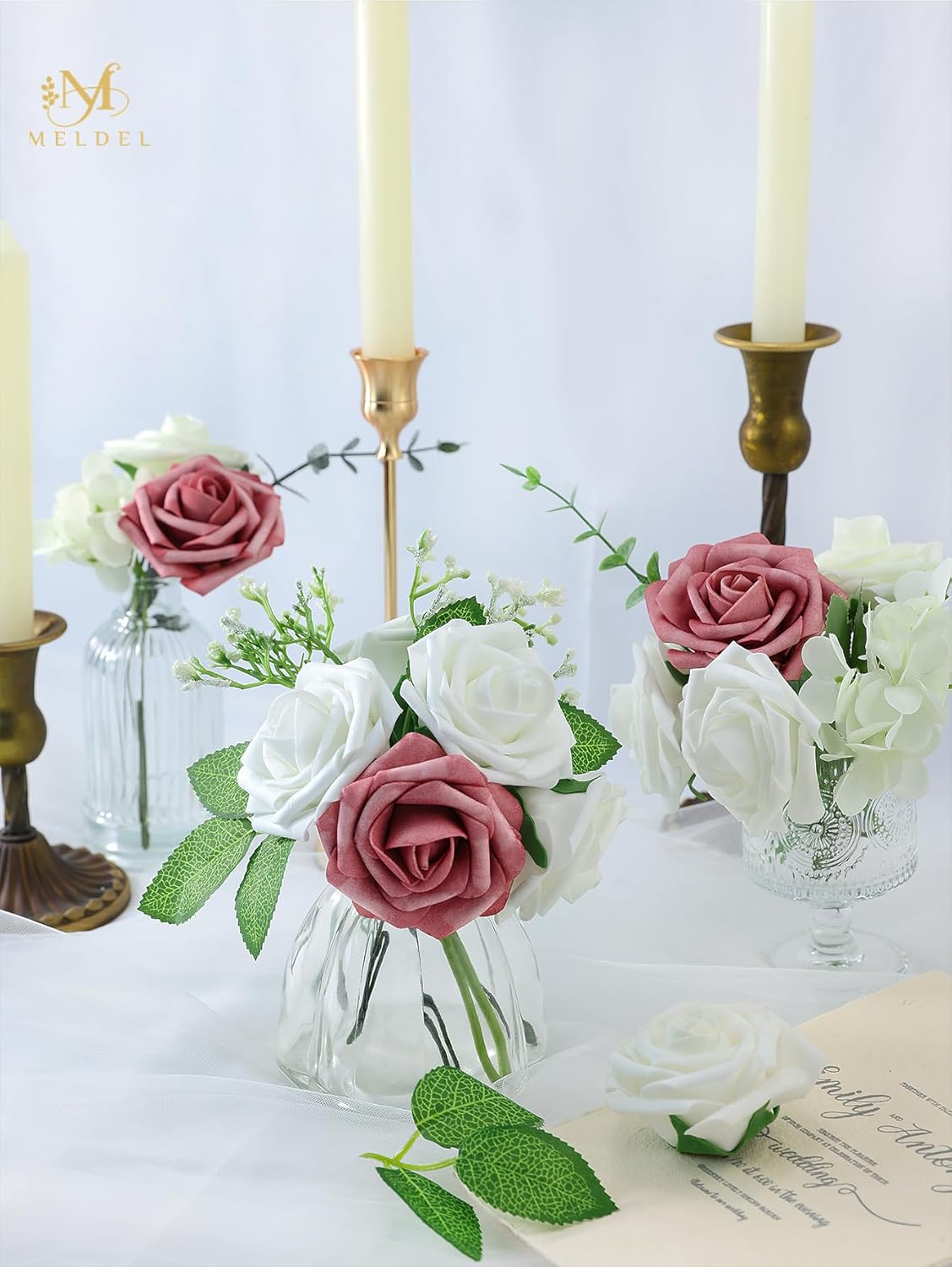 Meldel Artificial Flower 25pcs Real Touch Ivory Fake Foam Roses with Stems for DIY Wedding Bouquets Gifts White Bridal Shower Faux Floral Centerpieces Arrangements Home Party Tables Decorations - Image 8