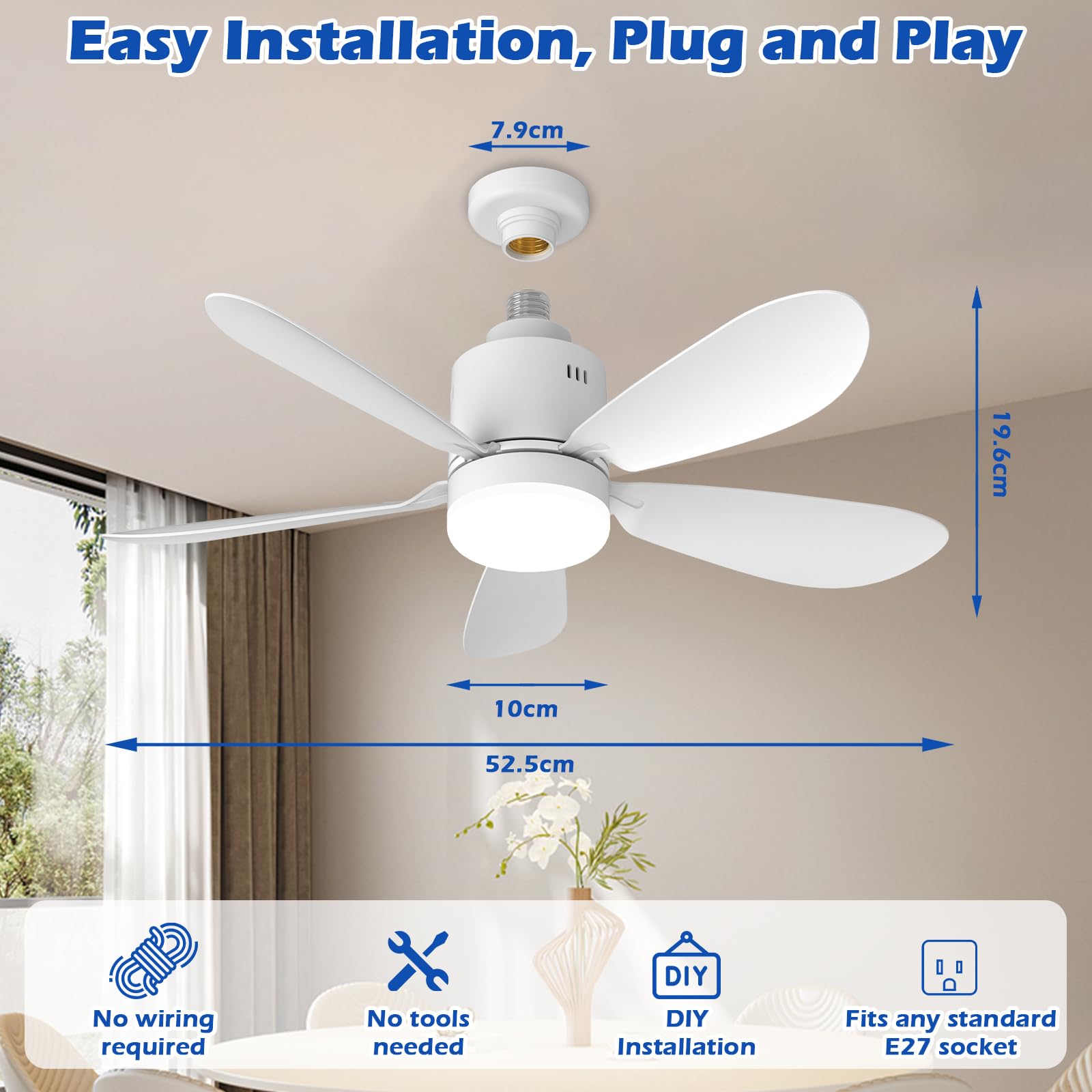 53cm Ventiladores para el Techo con Lámpara, Ventilador Techo con Luz LED y Mando a Distancia 24W, Temporizador, 3 Tonos de Luz, 4 Velocidades, Incluye Base