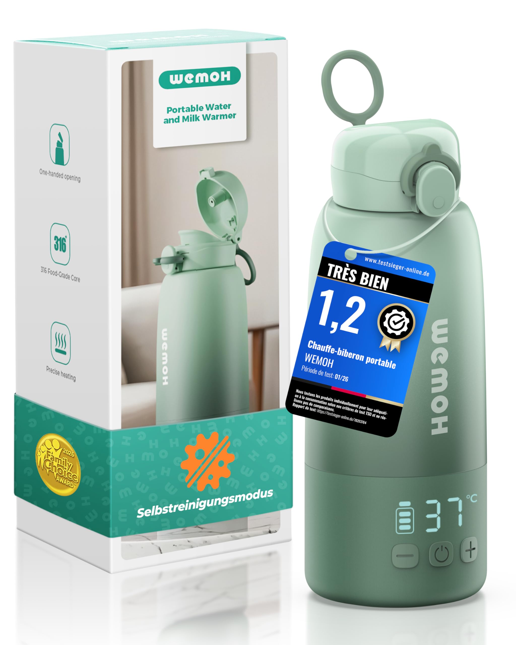 Chauffe-biberon portable Wemoh avec auto-nettoyage, contrôle de température précis, 8 chauffages par charge (450ml) Chauffage rapide 100W pour lait maternel, préparation et eau