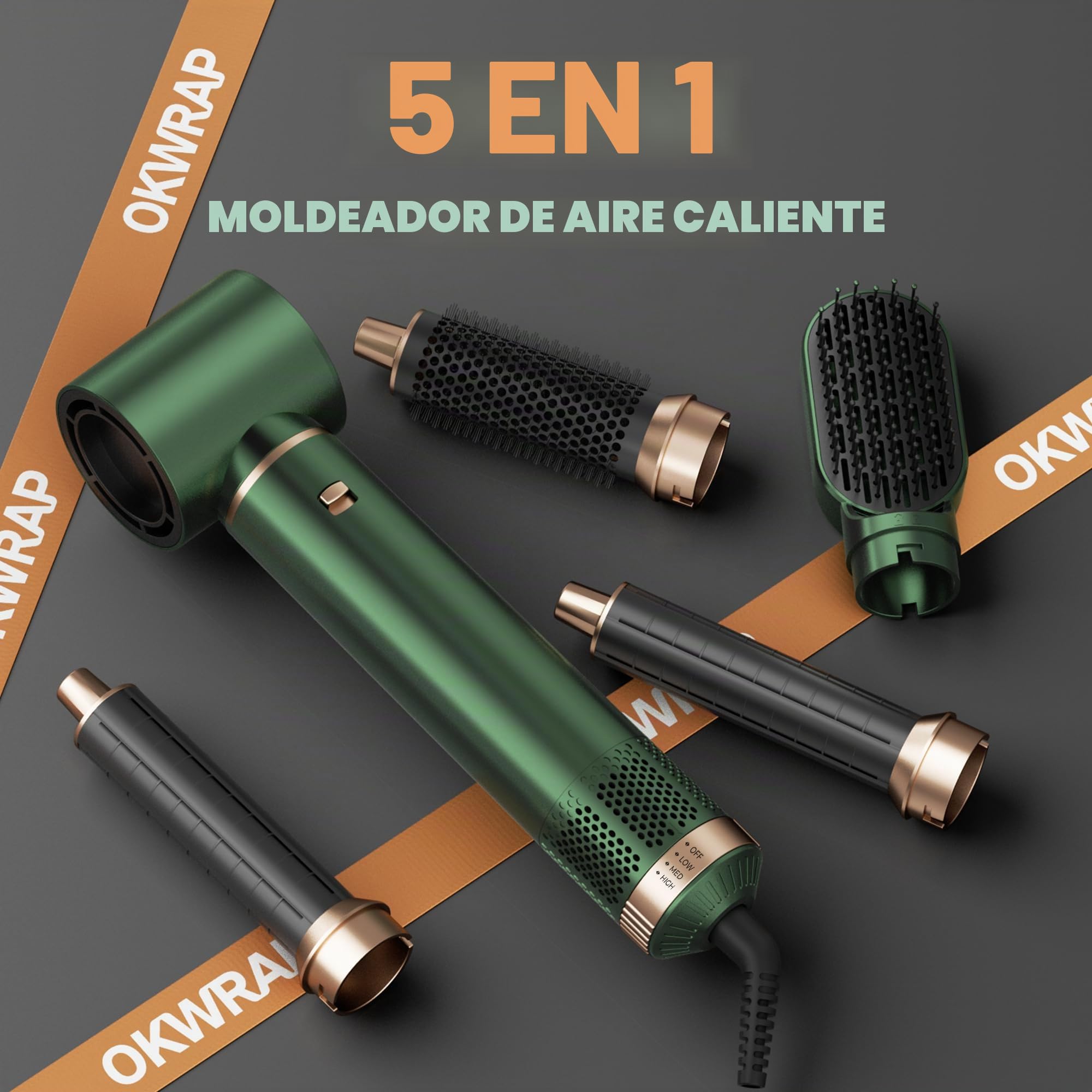 OKWRAP Secador 5 en 1 Secador Moldeador de Pelo Brochas para el peinado | 5 Cabezales Intercambiables 3 Temperaturas moldeador pelo Cepillo Secador Pelo uego de brochas para secar el cabello