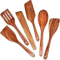 Vista 1 de Juego de 6 cucharas de madera de teca para cocinar, espátula de cocina, espátula ranurada, utensilios de madera antiadherentes para servir, remover