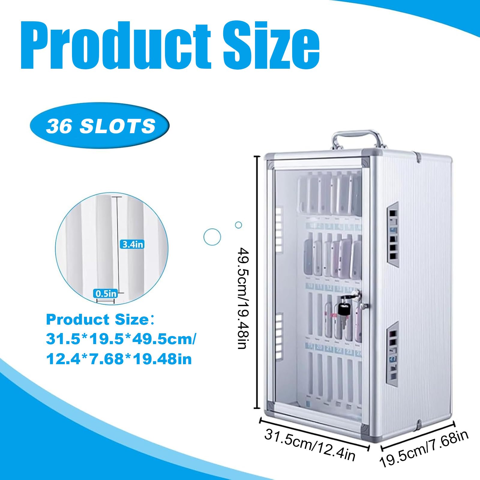 Caja fuerte para teléfono móvil con cerradura con llave, transparente, 36 ranuras, portátil o montado en la pared, plata, 315 x 195 x 495 mm, para escuela y hotel, caja fuerte para teléfono