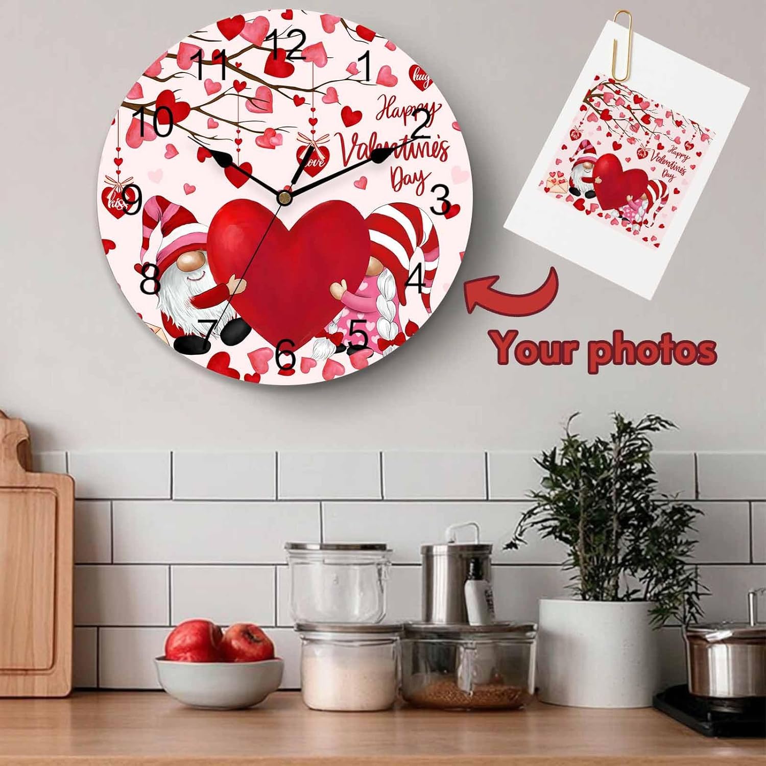 Happy Valentine's Day Silent PVC Wall Clock 14 Inch Gnomes Round Wall Clock Red Love Heart Tree Hanging Clock for Kitchen Non Ticking Battery Operated Living Room Pink Mute Clock