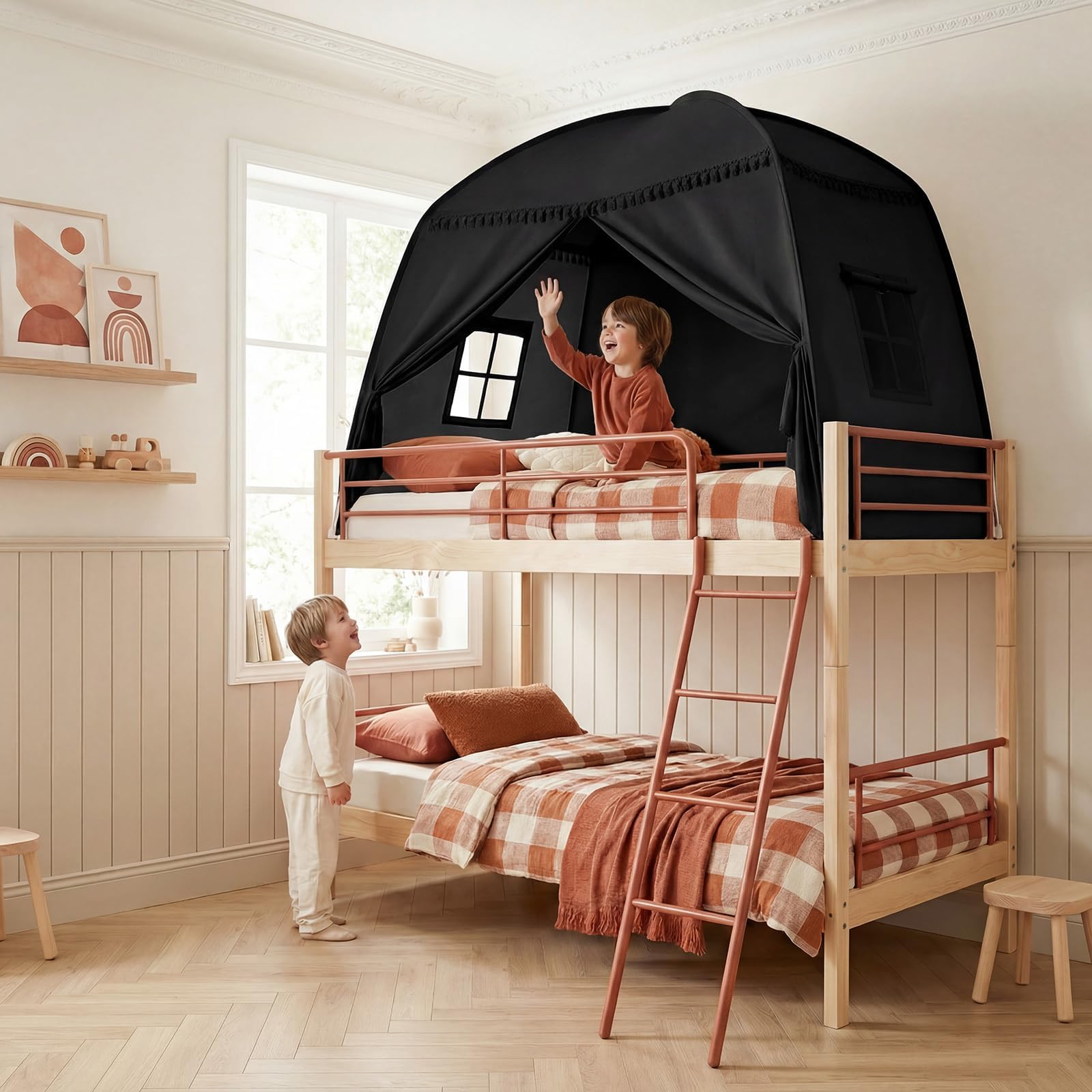 Tienda de campaña para habitación infantil: gran casa de juegos para interiores, portátil y plegable, para cama individual y litera, cueva para niños y niñas (negro)