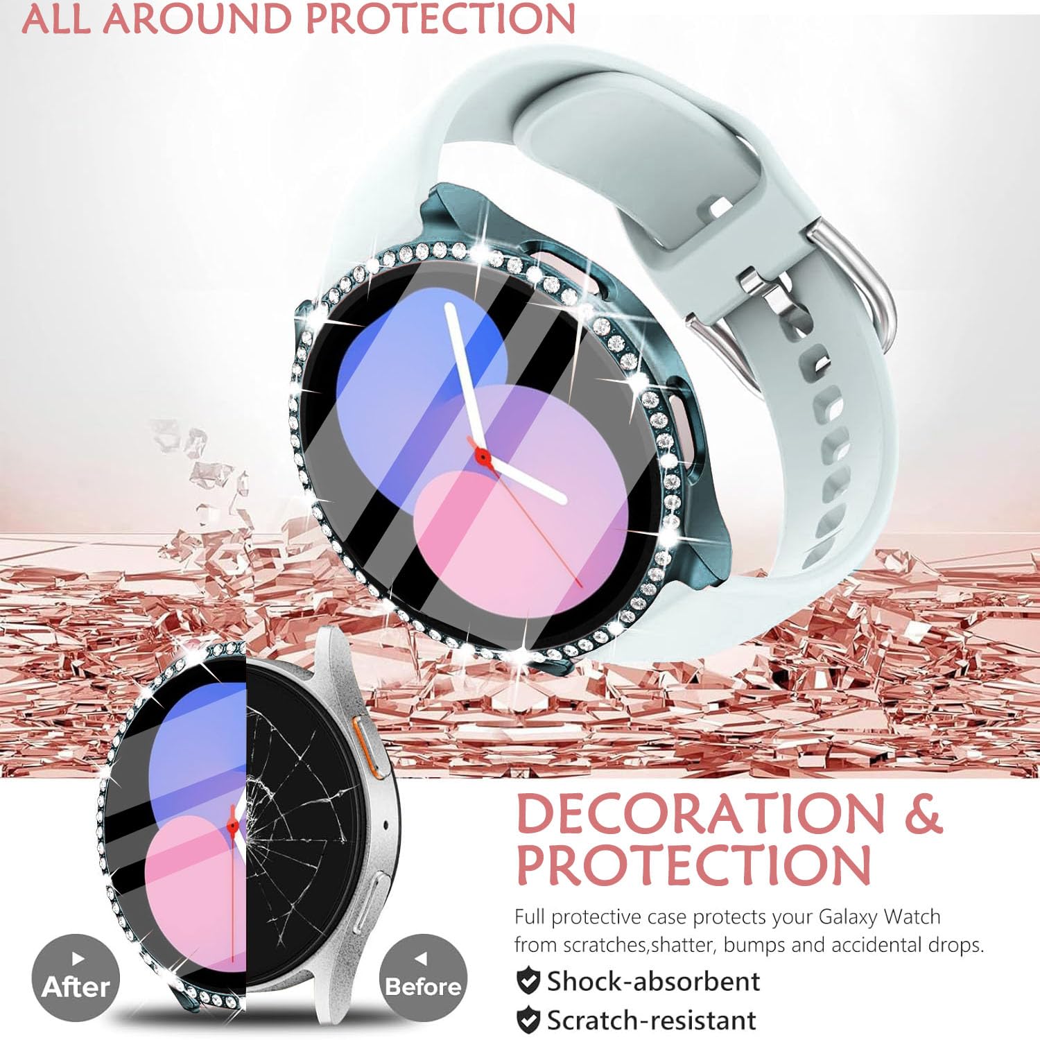 DEALELE [2-PACK] Case Compatible with Samsung Galaxy Watch 5/4 44mm, Bling Single-Row Diamond PC Protective Case Replacement Watch Cover Bumper (44mm, Gold+Transparent) — view 124