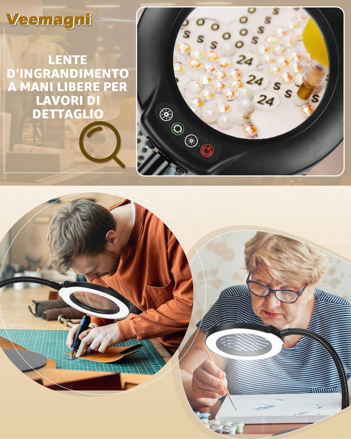 Veemagni 12X Lente di Ingrandimento con Luce e Supporto, Lampada da Tavolo LED Dimmerabile in 5 Modalità di Colore, Lampada Lente Ingrandimento Flessibile a Collo D'oca per Pittura, Cucito, Hobby