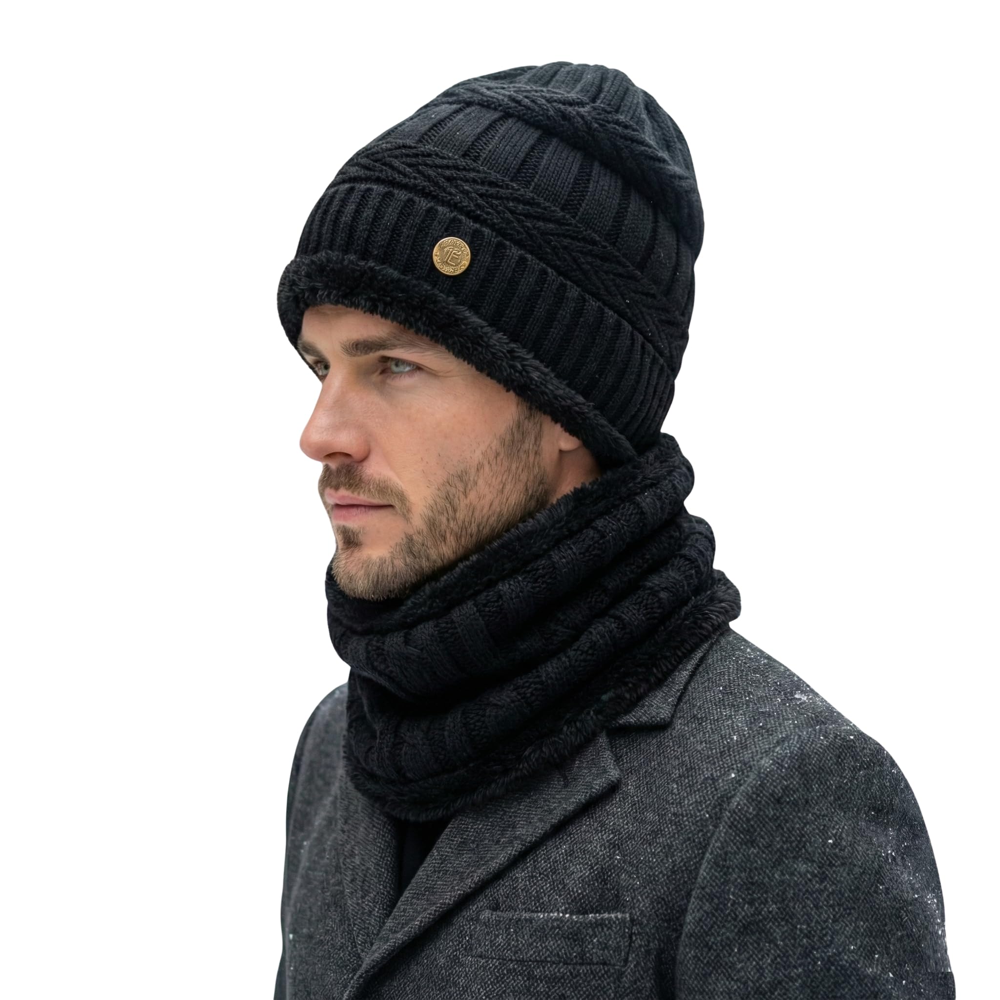 Woolen Cap & Neck Warmer Set, Oversized Winter Beanie with Big Head Fit, Unisex Knit Cap & Thermal Neck Muffler for Men Women, One Size Fits Most