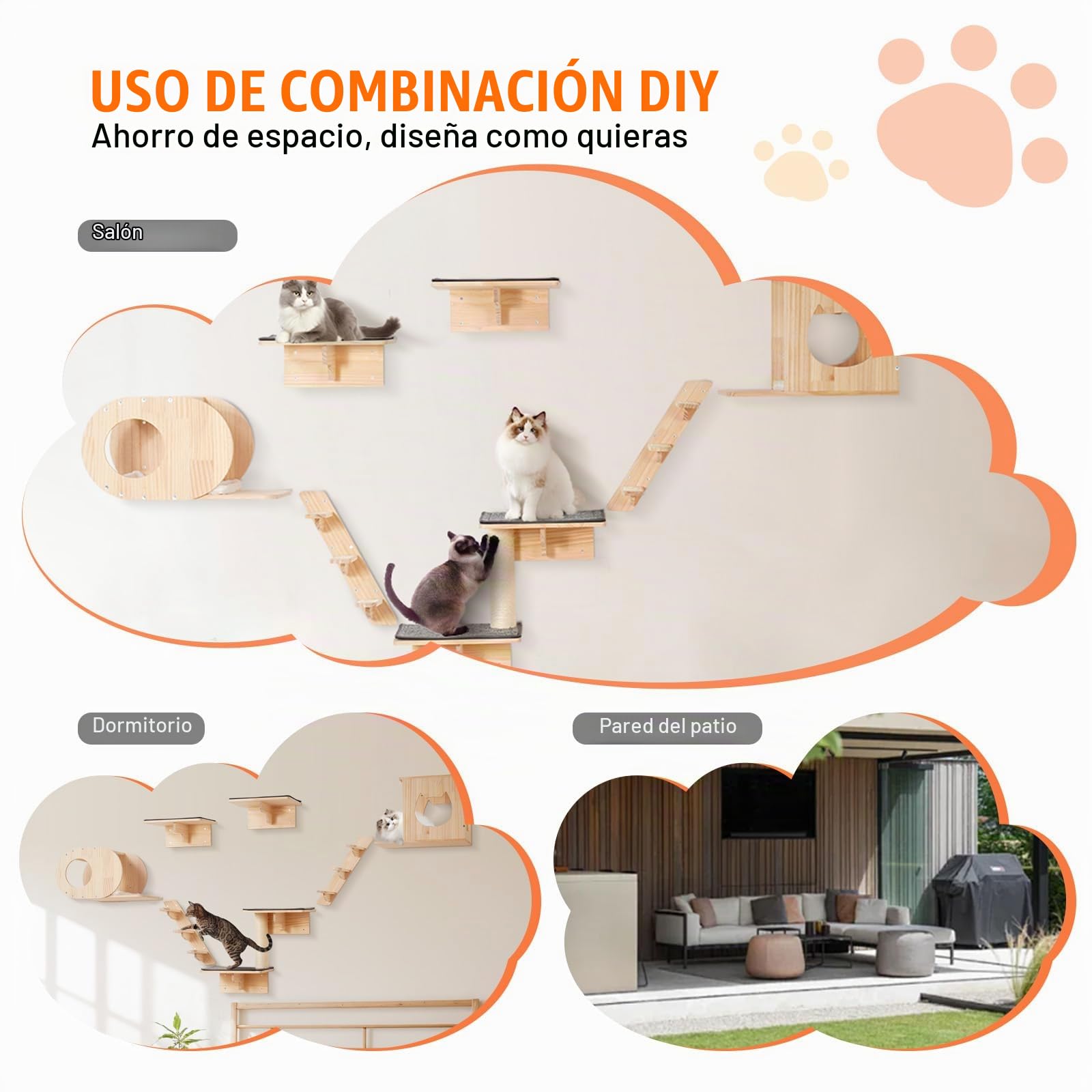 VEVOR 7 PCS Estantes de Pared para Gatos Carga de 18,14 kg Estantes de Pared para Gatos y Perchas con Tablas para Saltar, Camas para Gatos, Hamacas y Árboles para Gatos para Dormir, Jugar y Trepar