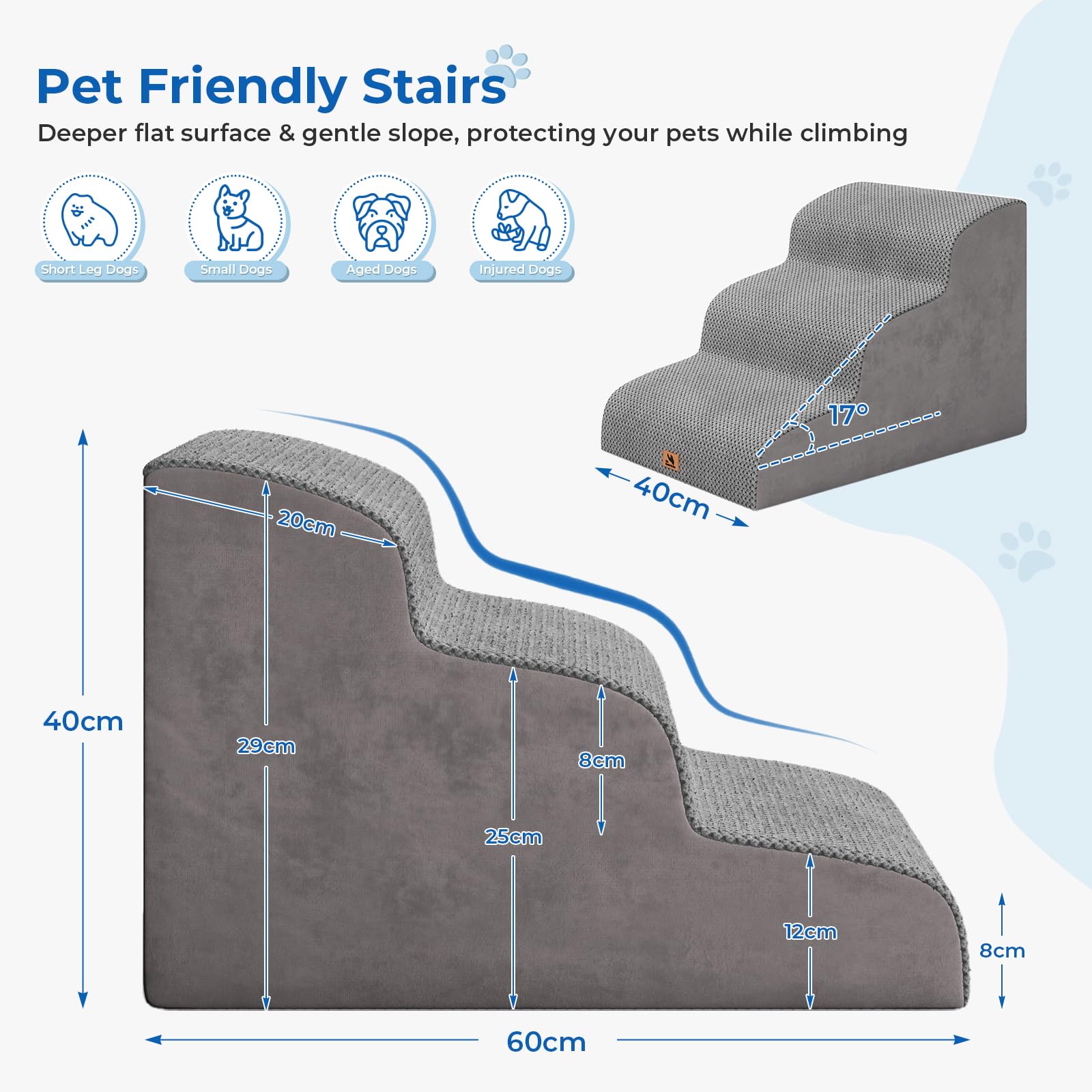 Hundetreppe für kleine Hunde, 3 Stufen 40cm Hoch Haustiertreppe, Waschbar rutschfest, Katzentreppe für Alte Katzen Für Bett, Sofa, Couch Grau