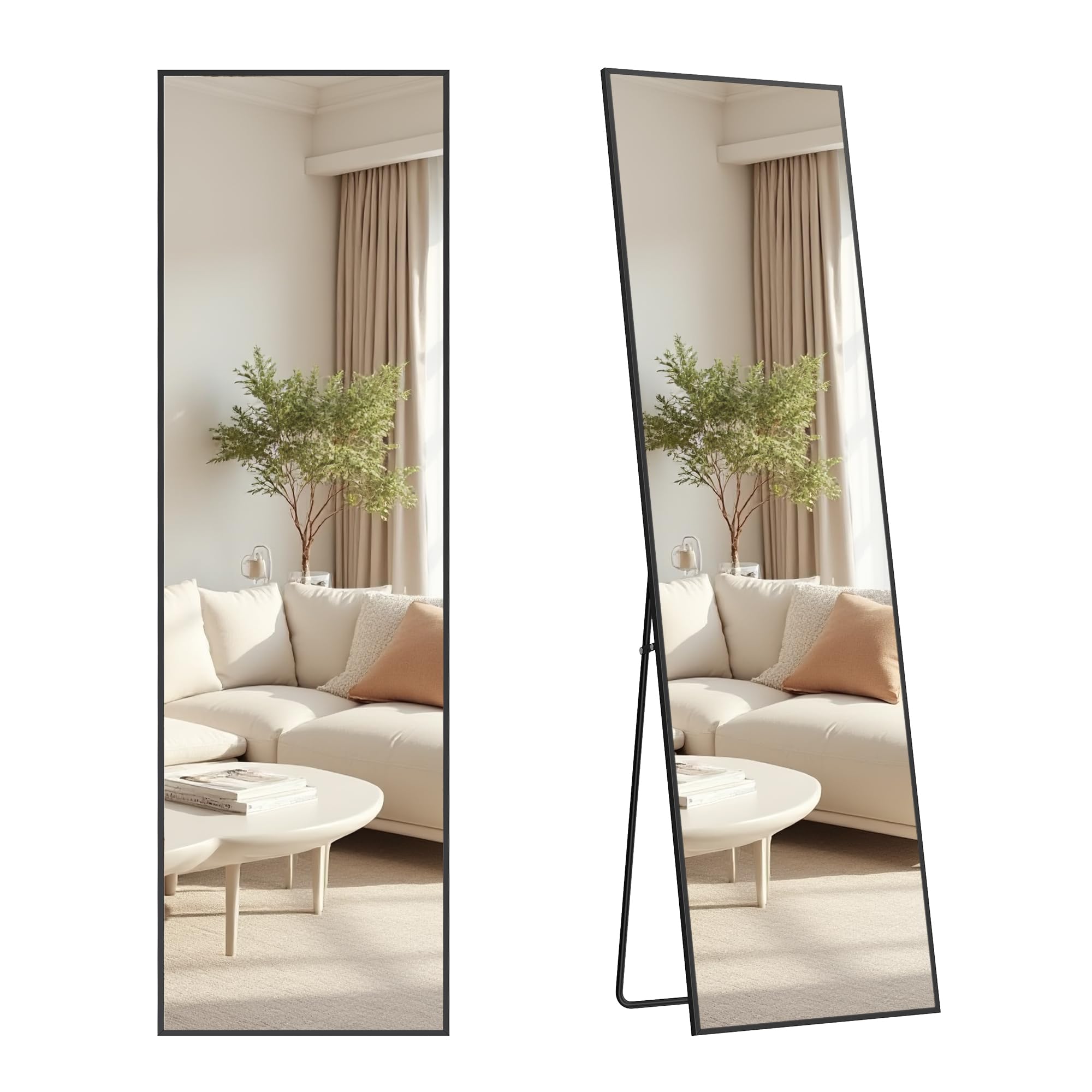 SONGMICS Specchio a Figura Intera, 150 x 40 cm, Specchio da Terra Rettangolare con Supporto, Cornice in Lega di Alluminio, Vetro Temperato, Camera da Letto Soggiorno, Nero Inchiostro LFM054BD01 | Telaio in Lega di Alluminio, Acciaio, Vetro a Specchio, Ang