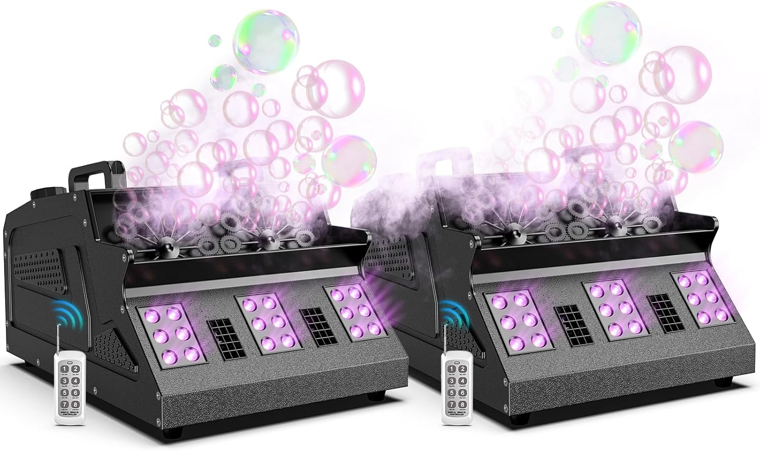 2000W Fog Machine, 3 in 1 Fog Bubble Machine with 2 Bubble Fans, 7 CH RGB 18 LED Lights Smoke Bubble All in 1 Machine, Fog Machine for Party, Wedding, Festival, Birthday, 2 Pack
