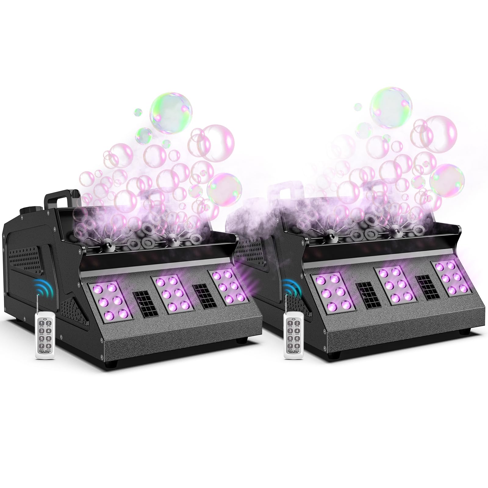 2000W Fog Bubble Machine, 3 in 1 Bubble Machine with 2 Bubble Fans,7 CH 18 RGB LED Lights Smoke Bubble All IN 1 Machine, Fog Machine Stage Effect for Party, Wedding, Halloween, 2 PACK