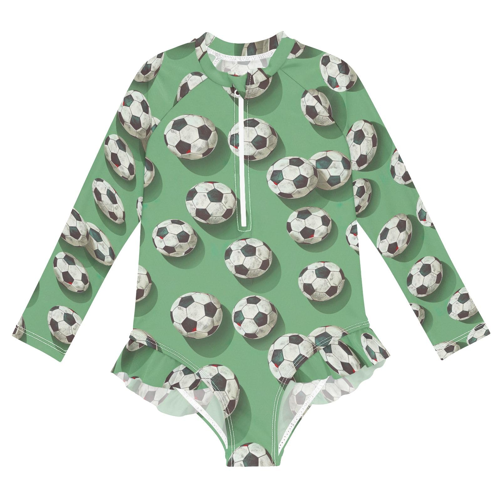 CHIFIGNO Soccer Balls Green Girls One Piece Swimsuit Rash Guard UPF 50+ Quick Dry Girls' Swimwear Bathing Suit for Kids, Size 9-10